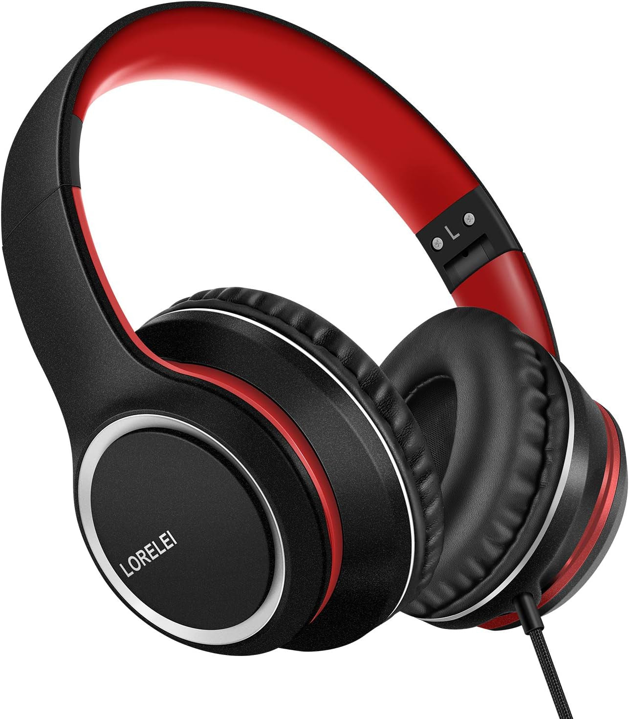 X8 Over-Ear Wired Headphones with Microphone with 1.45M-Tangle-Free Nylon Line&3.5Mm Plug,Lightweight Foldable & Portable Headphones for Smartphone,Tablet,Computer,Mp3/4(Black-Red)