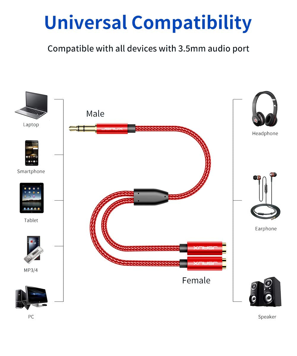 Headphone Splitter 3.5Mm, Audio Splitter 2 Female to 1 Male, Dual Headphone Adapter Compatible with PS4, PS5, Xbox, Nintendo Switch, PC Gaming Headsets, Phone, Tablet, Laptop and More-Red