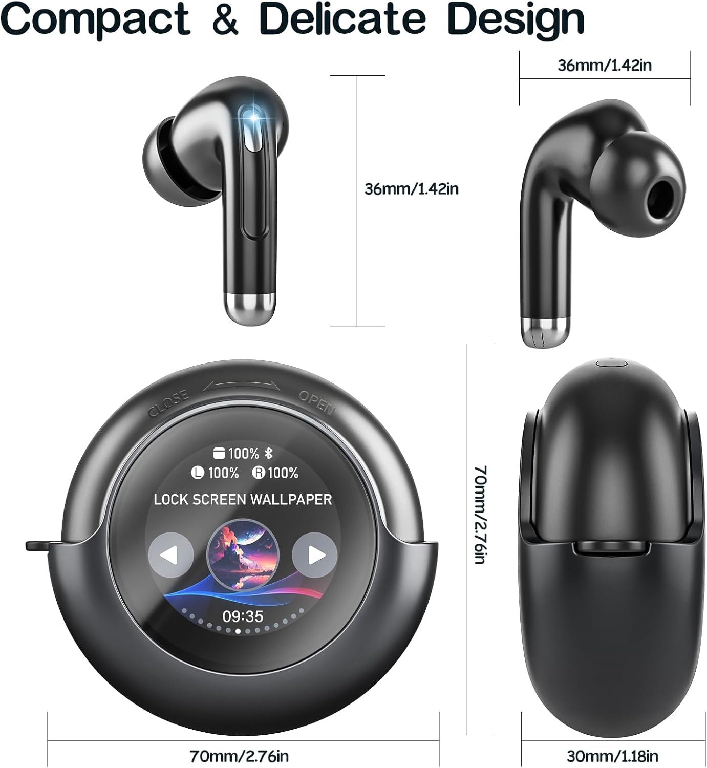 Wireless Earbuds Bluetooth Headphones, Bluetooth 5.4 Stereo Sound with LED Display, Active Noise Cancellation, IP7 Water Resistant In-Ear Earphones for Sporting, Workout, Running Black