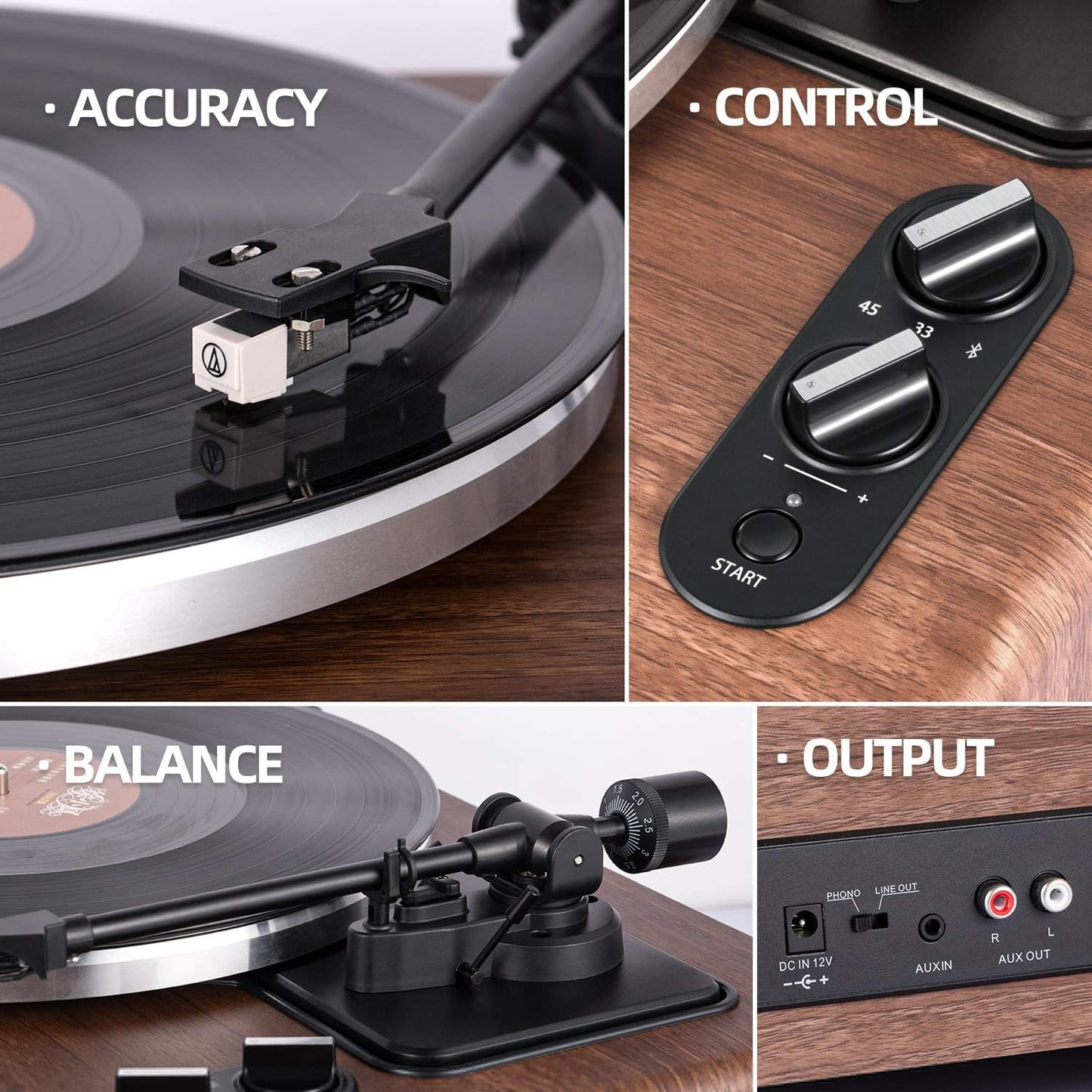 High Fidelity Belt Drive Turntable with Built-In Speakers, Vinyl Record Player with Magnetic Cartridge, Bluetooth Playback and Aux-In Functionality, Auto Off
