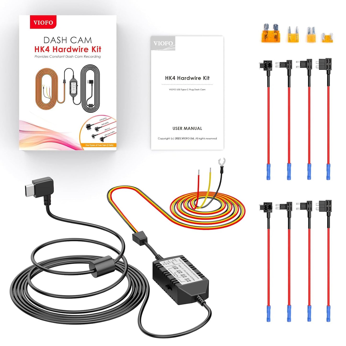 HK4 Hardwire Kit with 8Pcs Full Set Circuit Fuse Tap, Type-C Port, for A329 Series/A229 Series/A119Mini2/A139Pro/Wm1/T130 Dash Cam