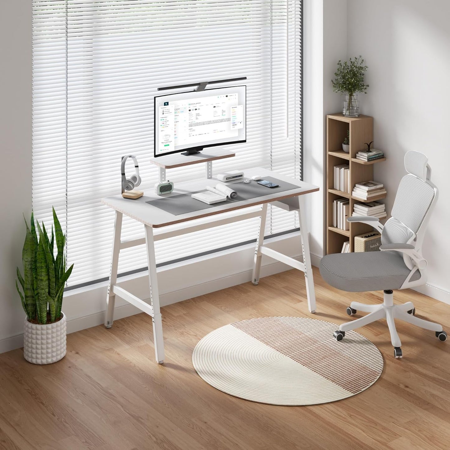 Height Adjustable Computer Desk - 47" Gaming Desk, Small Home Office Desk with Monitor Stand, Modern Simple Table Study Writing Work, Living Room Home Bedroom PC Table, Metal Frame, White