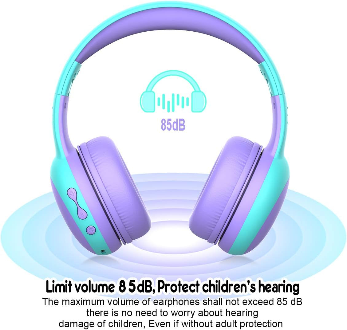 Kids Bluetooth Headphones, Portable Wireless Headset for Kids, Bluetooth 5.3, Over-Ear Cat Ear Toddler Headphones with Microphone, 85Db Volume Limited, AUX Cord,40 Hours Playtime(Purple)
