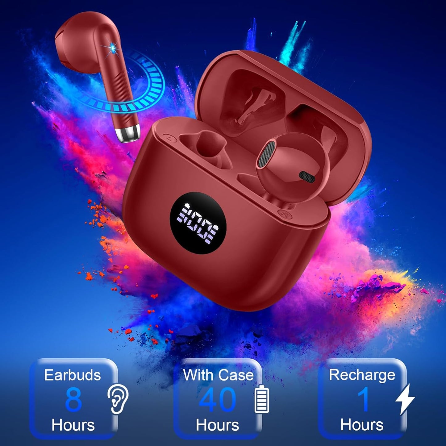 Wireless Earbuds, Bluetooth Headphones LED Power Display Ear Buds Bass Stereo, Bluetooth Earbuds In-Ear Noise Cancelling Mic, Playback Mini Case IP7 Waterproof Sports Earphones for Android Ios