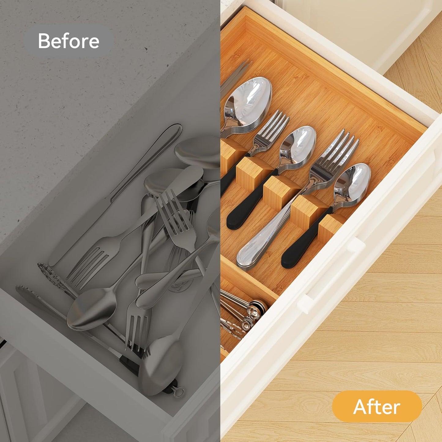 Pure Bamboo Silverware Drawer Organizer: 16.53" Lx10 Wx1.93 H Large Silverware Utensil Tray Holder, 3-Compartment with 6 Card Slots Kitchen Flatware Organizer for Spoons Forks Knives