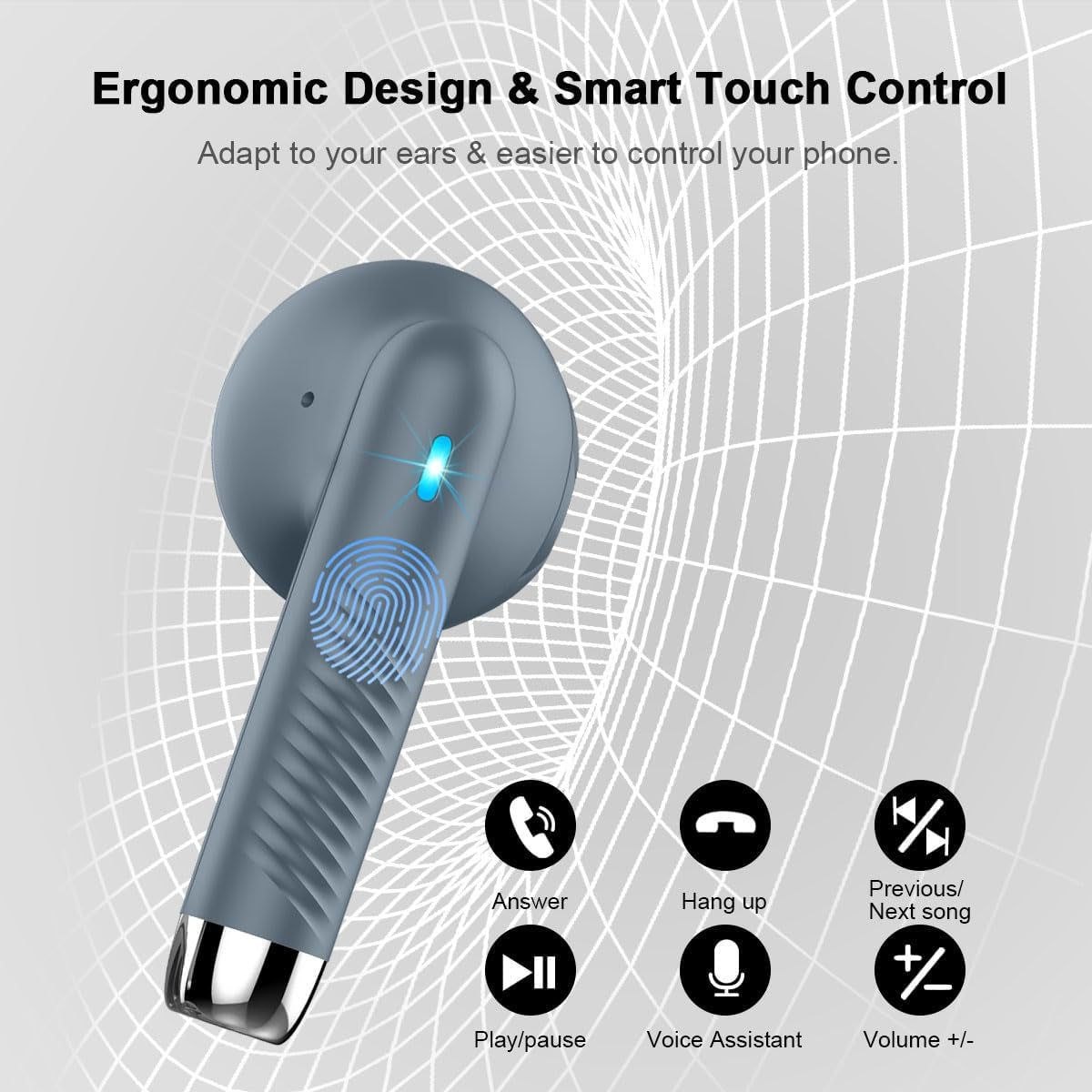 Wireless Earbuds, Bluetooth 5.3 Headphones in Ear with Noise Cancelling Mic, Bluetooth Earbuds Stereo Bass, IP7 Waterproof Sports Earphones, 32H Playtime USB C Charging Ear Buds Gray for Android Ios