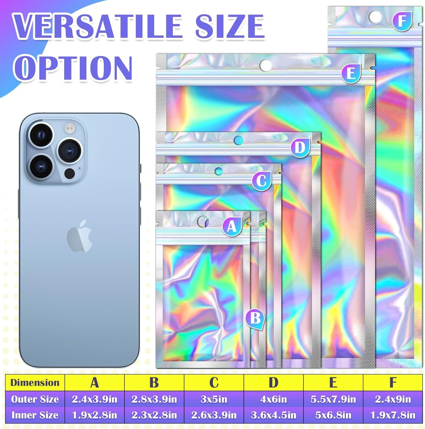 100 Pcs Resealable Mylar Bags, Smell Proof Goodie Bags with Clear Window, Small Holographic Bags for Halloween, Gift, Candy, Bracelet, Keychain, Treat, Product, Sealable Plastic Bags