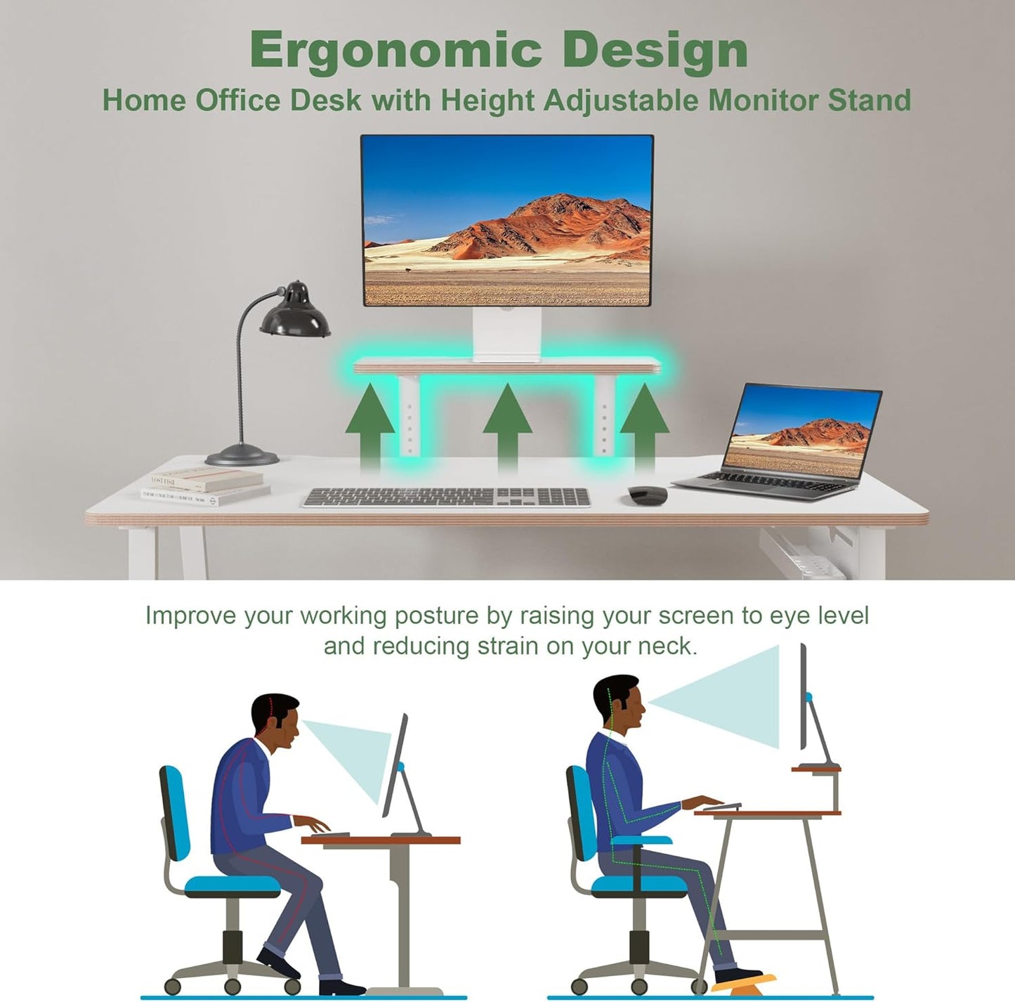 Height Adjustable Computer Desk - 47" Gaming Desk, Small Home Office Desk with Monitor Stand, Modern Simple Table Study Writing Work, Living Room Home Bedroom PC Table, Metal Frame, White
