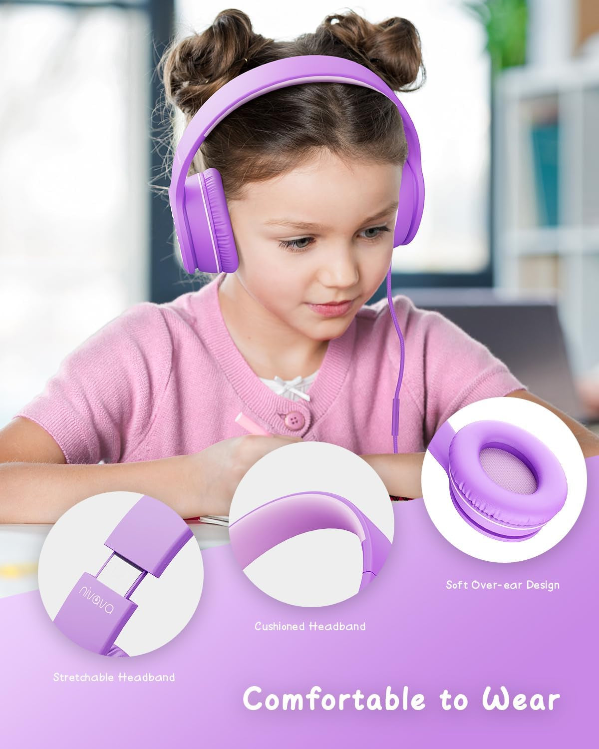 Wired Headphones with Microphone, K16 On-Ear Headphones for Kids with 3.5MM Jack, Foldable Stereo Bass Headphones for Teens School Amazon Kindle, Fire, Chromebook, Tablet(Purple Pink)