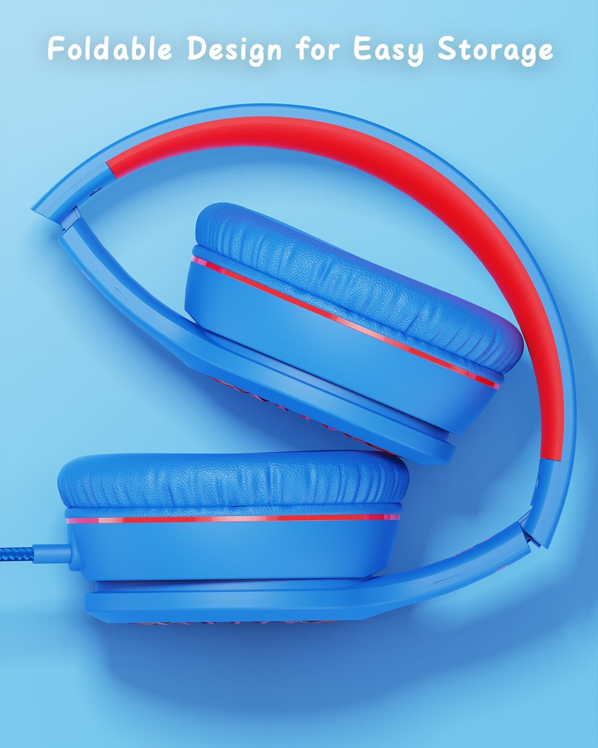 Wired Headphones with Microphone, K16 On-Ear Headphones for Kids with 3.5MM Jack, Foldable Stereo Bass Headphones for Teens School Amazon Kindle, Fire, Chromebook, Tablet(Light Blue Red)