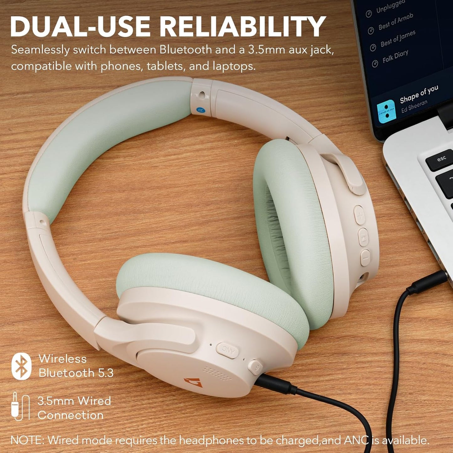Y8+ Noise Cancelling Headphones Bluetooth, Wireless LDAC Hi-Res Audio, Custom EQ via App, 75H Playtime, Comfort Fit, over Ear Headphones Foldable for Airplane Travel Home Office Beige Green