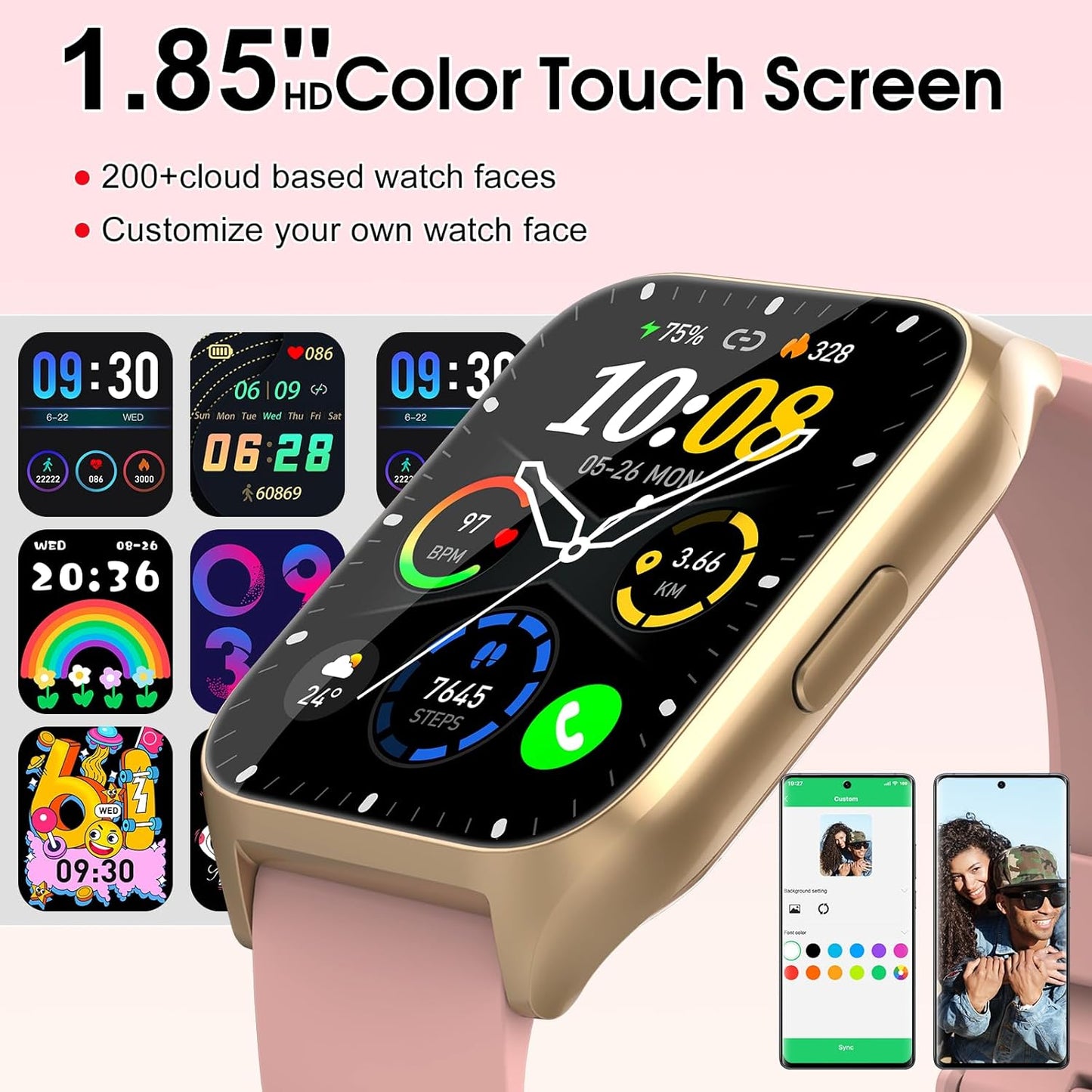 Smart Watch for Women, 1.85" HD Smartwatch (Answer/Make Call), 2025 Fitness Activity Tracker, 110+ Sport Modes/Heart Rate/Sleep Monitor/Pedometer, IP68 Waterproof Fitness Watch for Android Ios, Pink