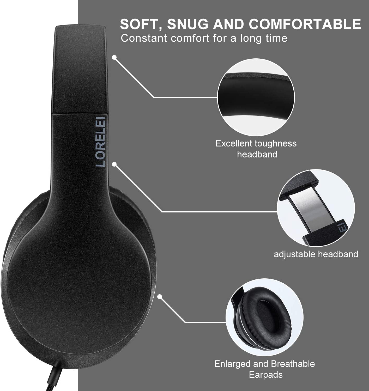 X6 Over-Ear Headphones with Microphone, Lightweight Foldable & Portable Stereo Bass Headphones with 1.45M No-Tangle, Wired Headphones for Smartphone Tablet MP3 / 4 (Space Black)