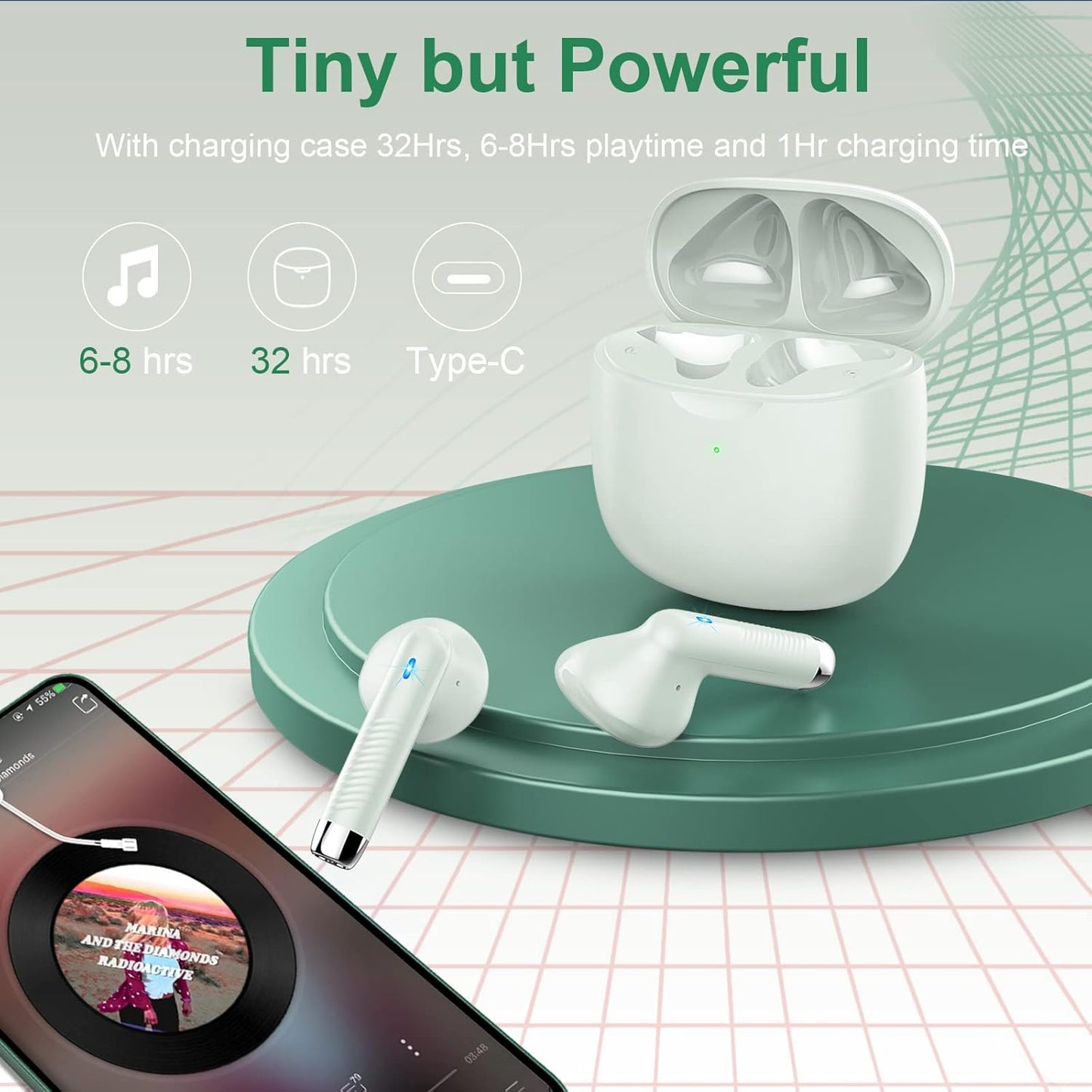 Wireless Earbuds, Bluetooth 5.3 Earbuds Stereo Bass, Bluetooth Headphones in Ear with Noise Cancelling Mic, Earphones IP7 Waterproof Sports, 32H Playtime USB C Charging Green Ear Buds for Android Ios