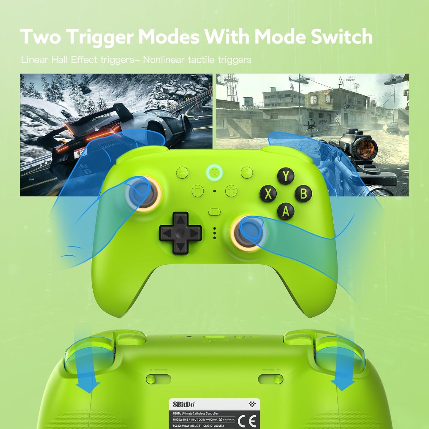 Ultimate 2 Wireless 2.4G Controller for Windows Android, TMR Joystick, Adjustable Trigger Locks, Star-Ring RGB Lights, Gamepad with Charging Dock (Green)