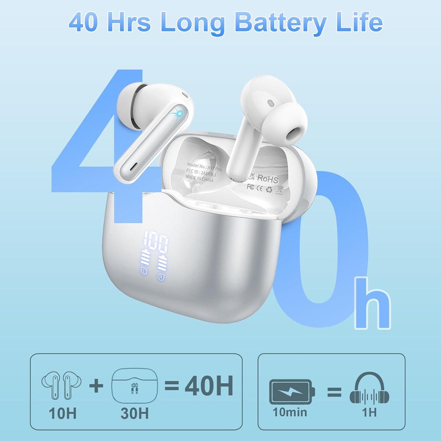 Wireless Earbuds, Bluetooth 5.4 Headphones in Ear with 4 ENC Noise Cancelling Mic, New Wireless Earphones Hifi Stereo Deep Bass 40H Playtime, In-Ear Bluetooth Earbuds LED Display IP7, USB-C, Silver