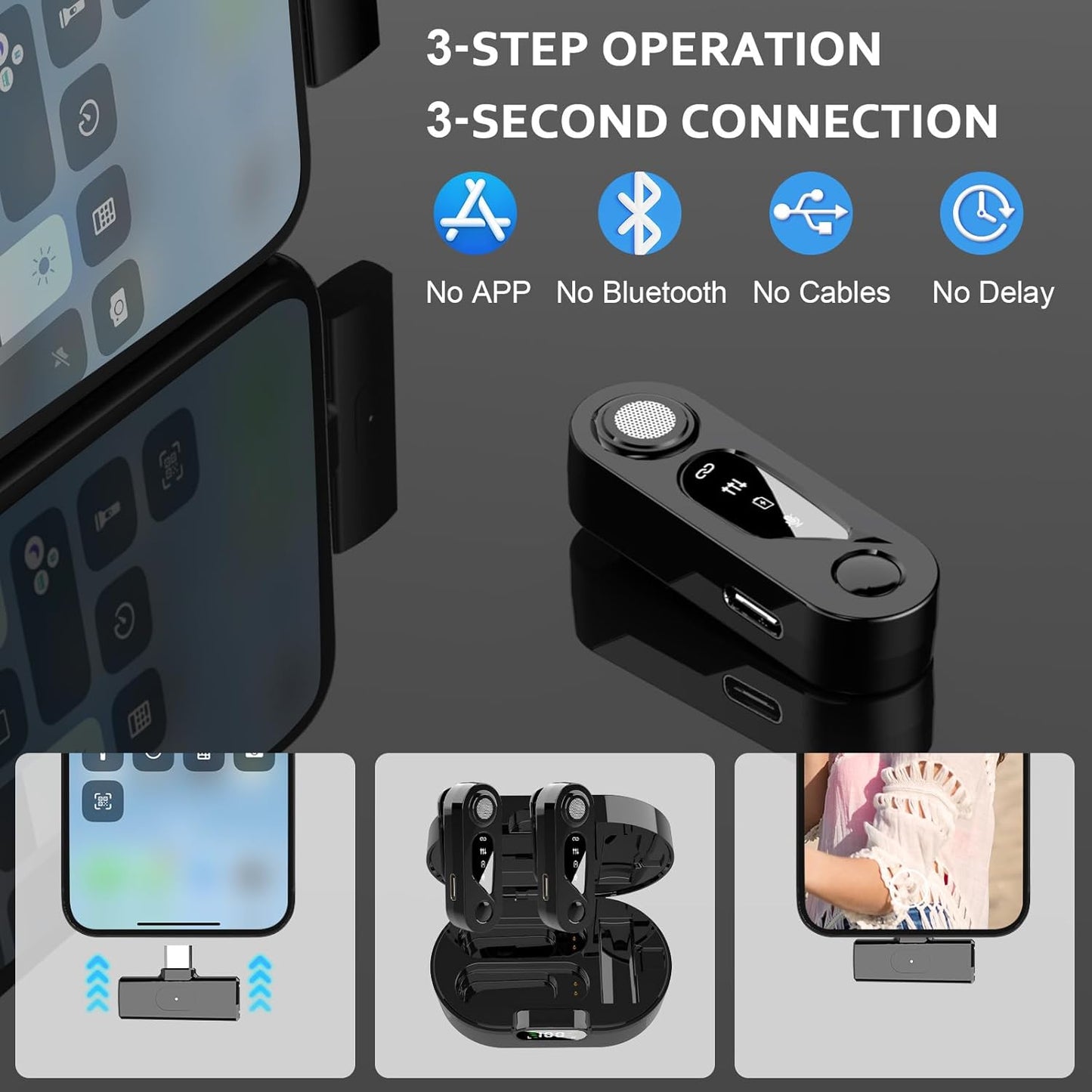 Wireless Lavalier Microphone with Charging Case: 2 Pack Mini Mic for Iphone Ipad Android - Plug & Play Clip-On Lapel Mic, Noise Reduction for Video Recording, Interview