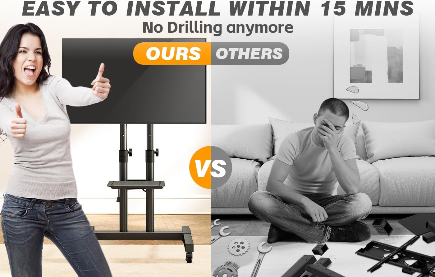 Heavy Duty Rolling TV Stand with Power Outlet for 32-83 Inch Tvs, Height Adjustable Mobile TV Cart on Wheels Holds up to 110 Lbs, Outdoor TV Stand Trolley, Max VESA 600X400Mm