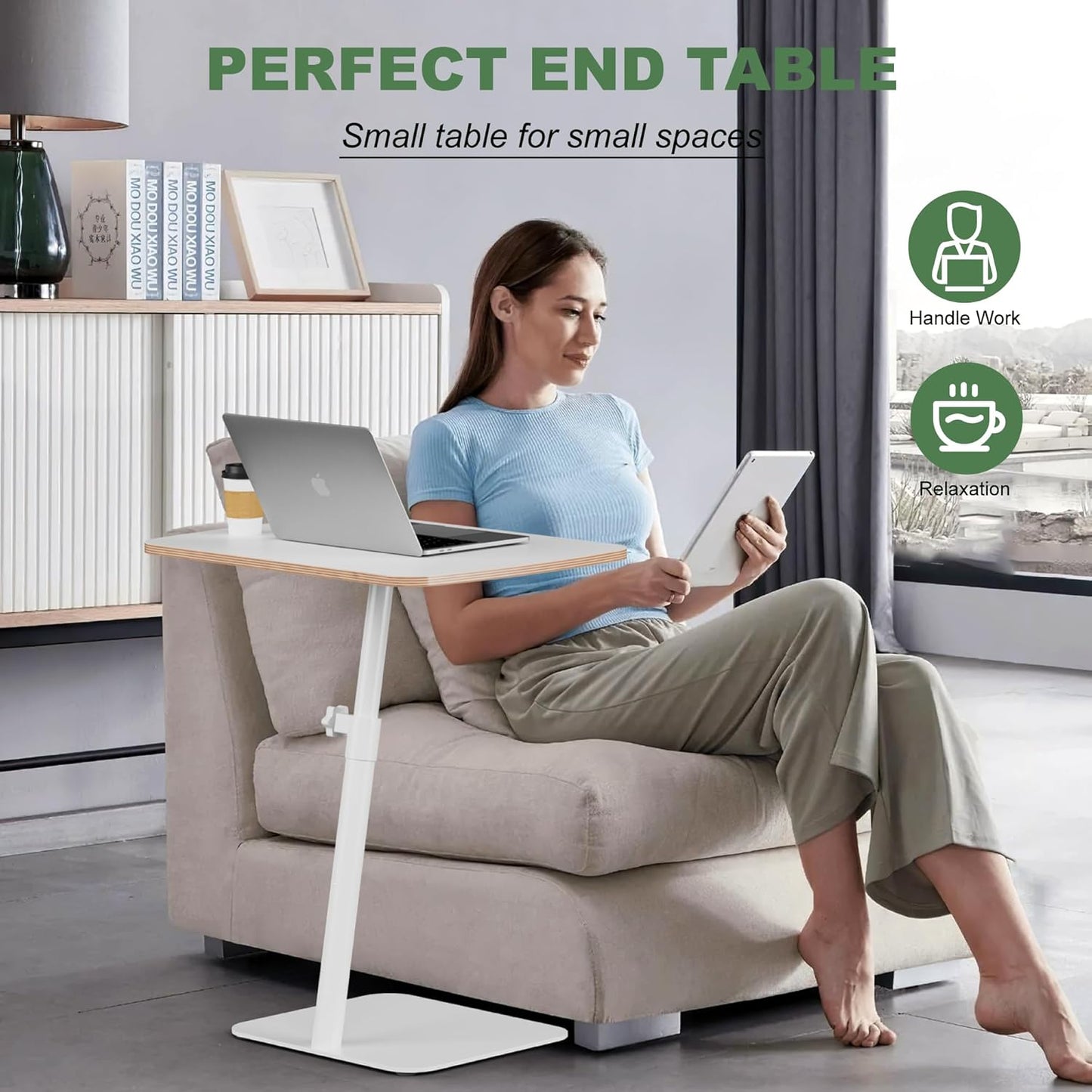 Height Adjustable End Table - Small Couch Side Table for Small Spaces Modern C Shaped Bedside End Table That Slide Under, White Wood Laptop TV Tray Table with Metal Base, Living Room Bathroom Home Use