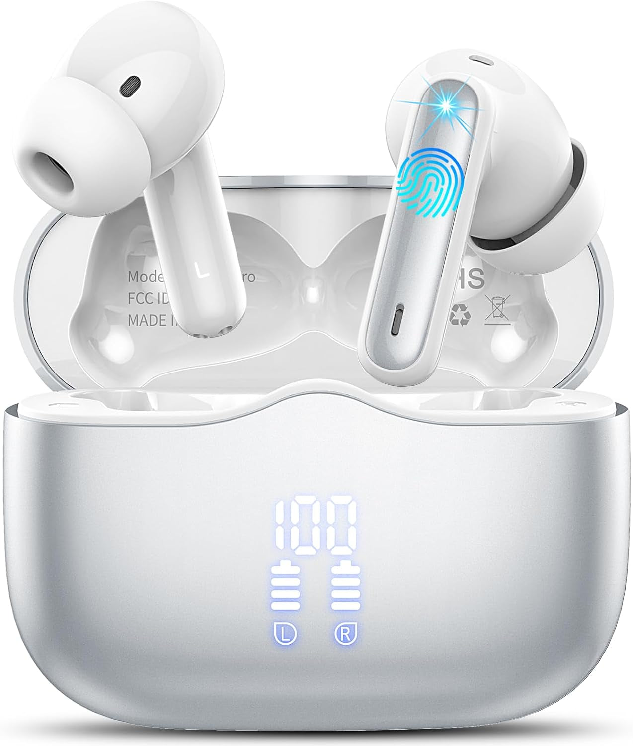 Wireless Earbuds, Bluetooth 5.4 Headphones in Ear with 4 ENC Noise Cancelling Mic, New Wireless Earphones Hifi Stereo Deep Bass 40H Playtime, In-Ear Bluetooth Earbuds LED Display IP7, USB-C, Silver