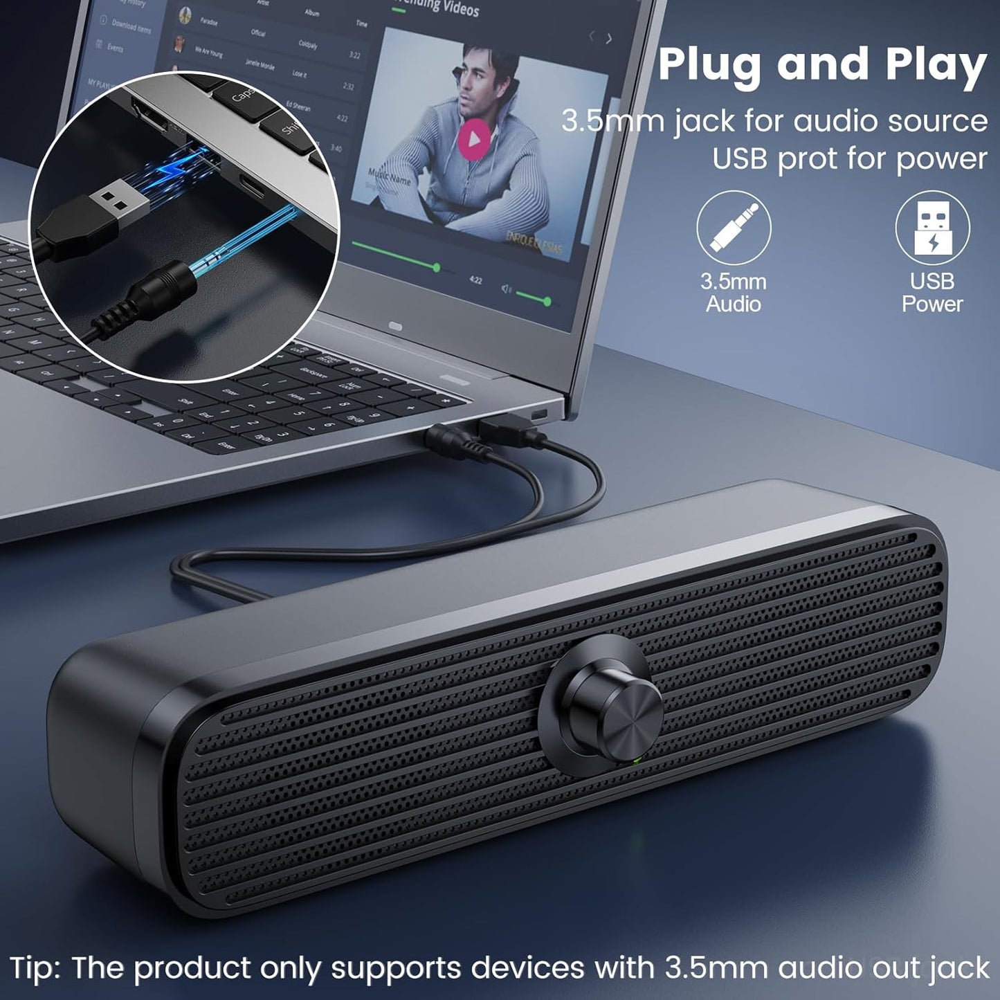 Computer Speakers for Desktop Laptop Tablet, USB Powered PC Speakers, Small Speakers Wired with Volume Control for Cellphone Pad MP3, Stereo Sound with 3.5Mm Audio Plug for Windows Mac Linux Pcs