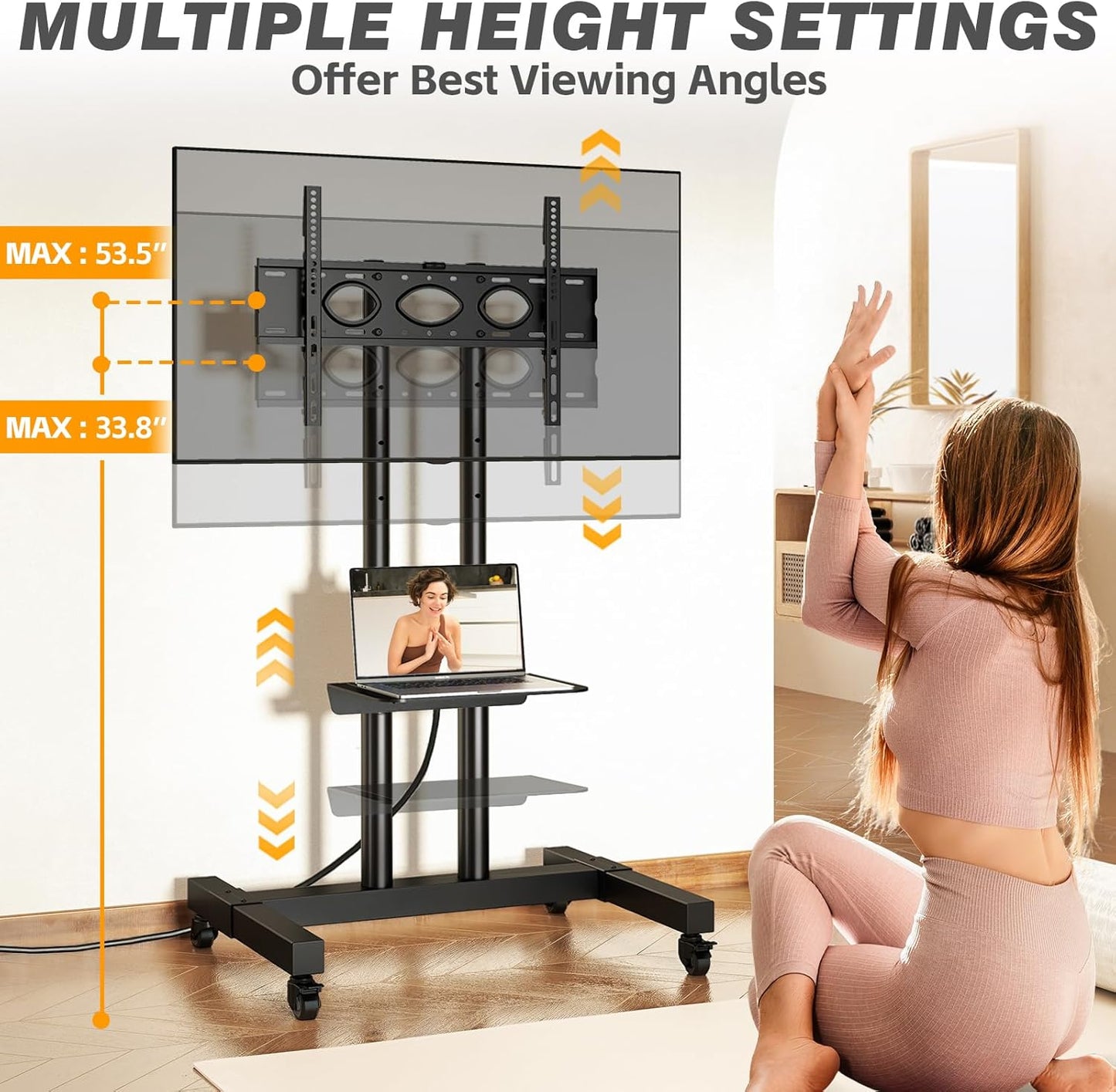 Heavy Duty Rolling TV Stand with Power Outlet for 32-83 Inch Tvs, Height Adjustable Mobile TV Cart on Wheels Holds up to 110 Lbs, Outdoor TV Stand Trolley, Max VESA 600X400Mm