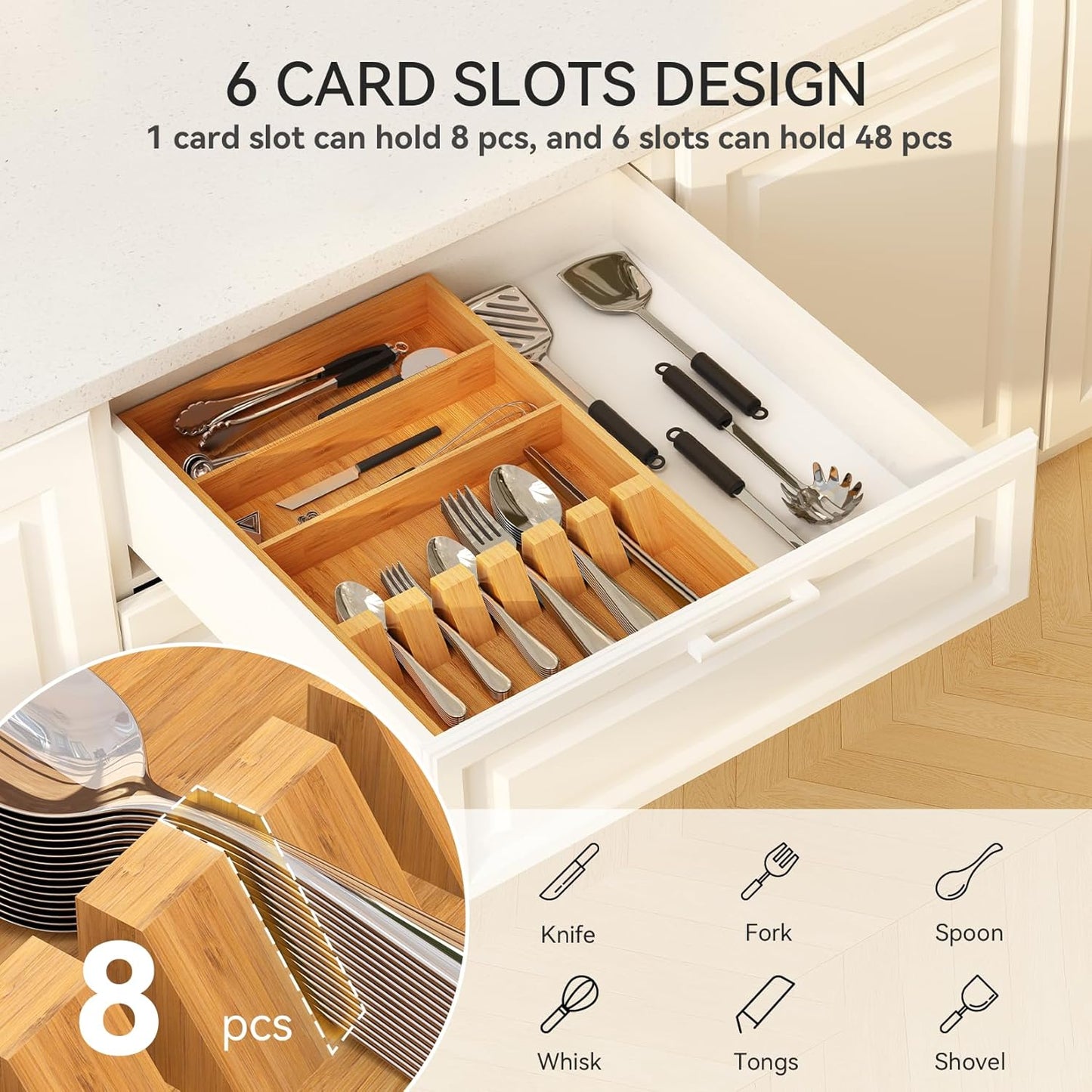 Pure Bamboo Silverware Drawer Organizer: 16.53" Lx10 Wx1.93 H Large Silverware Utensil Tray Holder, 3-Compartment with 6 Card Slots Kitchen Flatware Organizer for Spoons Forks Knives