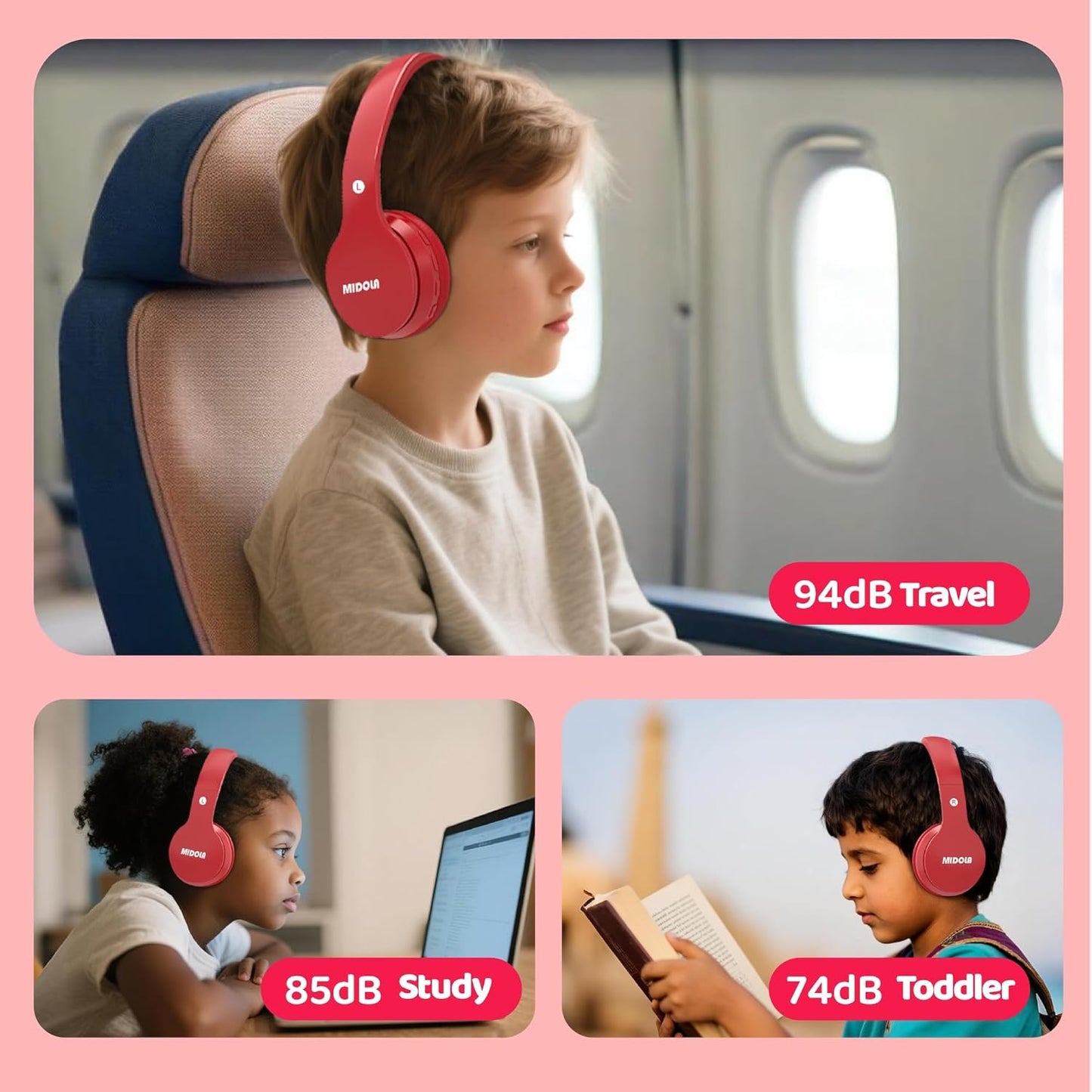 Kids Headphones Bluetooth 5.3 Wireless 60H Play Time Volume Limit 85/110Db over Ear Foldable Protection Headset/Wired AUX Cord Mic for Children Boy Girl Travel School Phone Pad Tablet Red