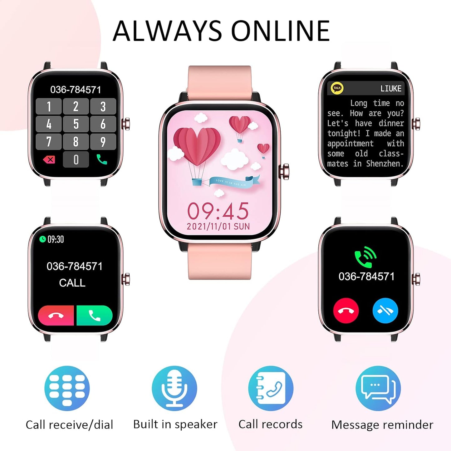 Smartwatch for Women - Call, Fitness Tracker, Heart Rate & Sleep Monitor, 1.69" Touch Screen, Waterproof - for Android & Iphone, Pink