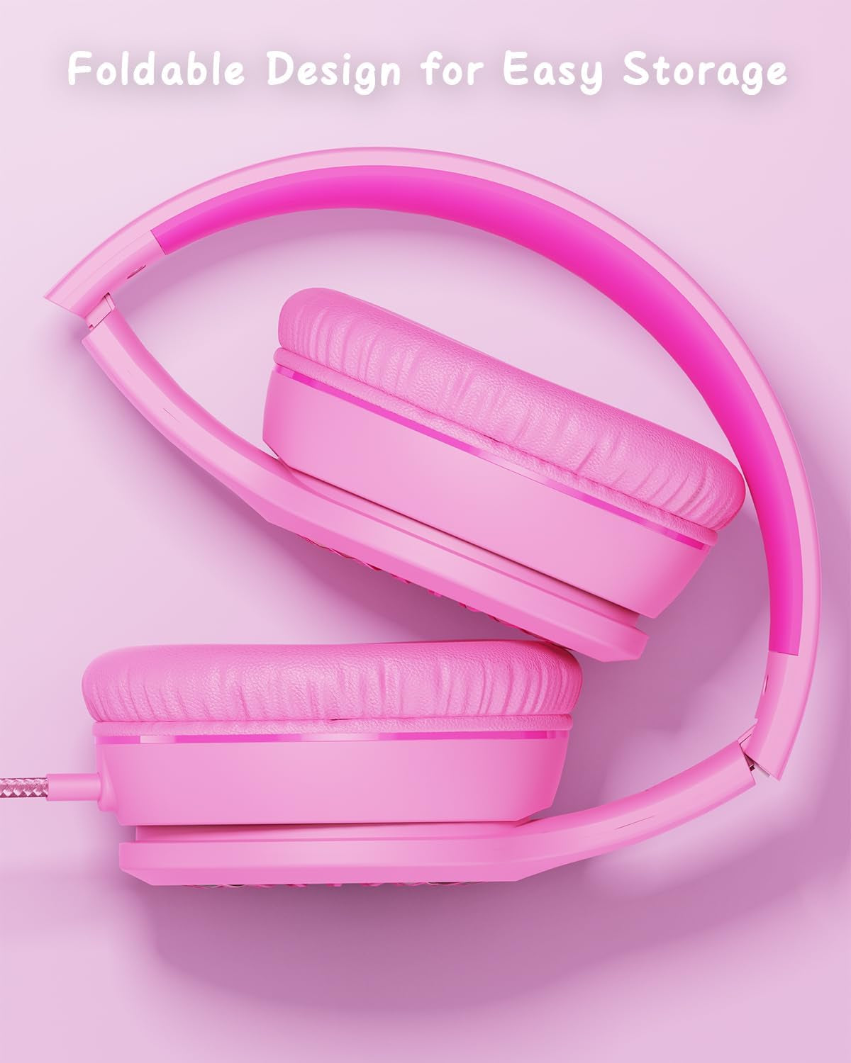 Wired Headphones with Microphone, K16 On-Ear Headphones for Kids with 3.5MM Jack, Foldable Stereo Bass Headphones for Teens School Amazon Kindle, Fire, Chromebook, Tablet(Pink Red)