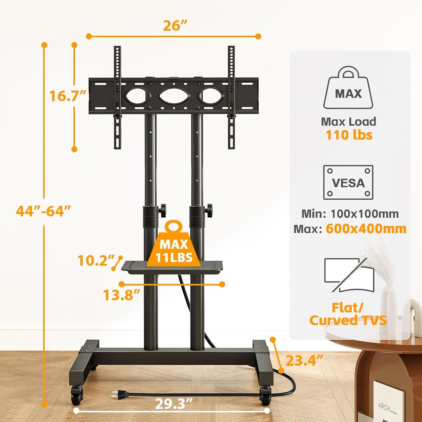 Heavy Duty Rolling TV Stand with Power Outlet for 32-83 Inch Tvs, Height Adjustable Mobile TV Cart on Wheels Holds up to 110 Lbs, Outdoor TV Stand Trolley, Max VESA 600X400Mm