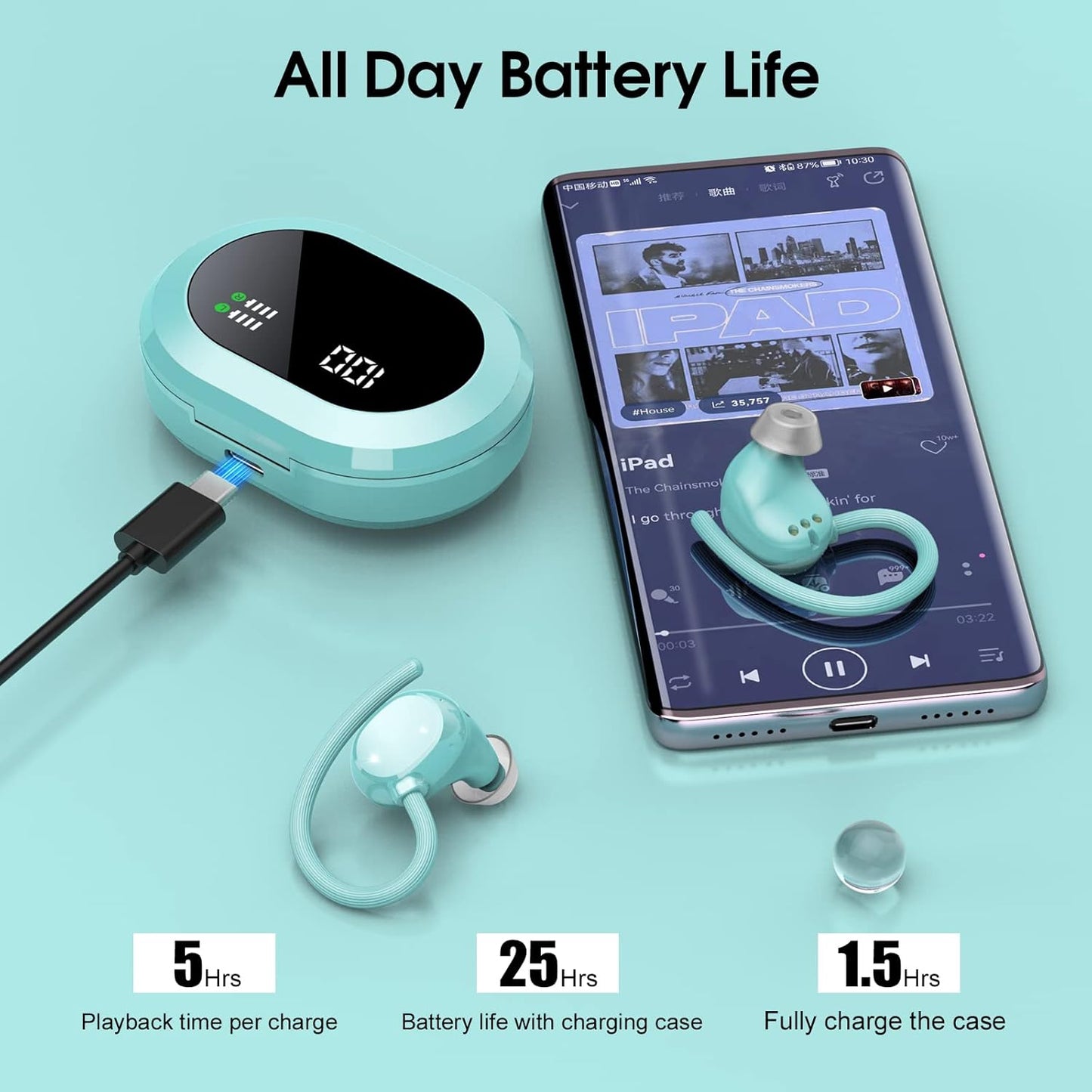 Wireless Earbuds, 2023 New Ultralight Sport Bluetooth 5.3 Headphones in Ear with LED Display, Built-In Mic Earphones, IPX7 Waterproof Wireless Headphones with Earhooks for Gym Workout (Blue)