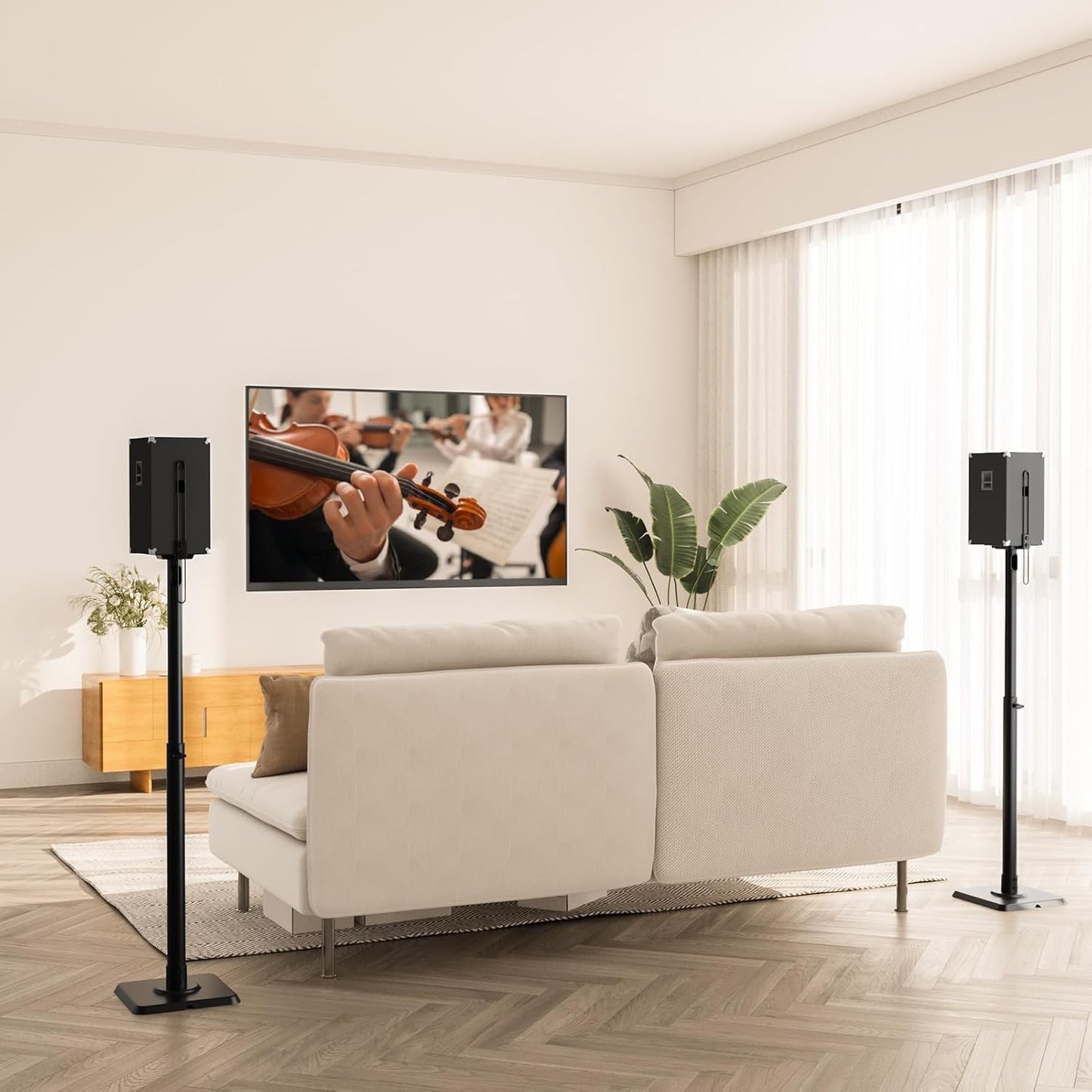 Black Alloy Steel Speaker Stands, Height Adjustable Bookshelf Speaker Stand Pair, Universal Fit, 11 Lbs Capacity, Set of 2 for Bose Polk JBL Sony Yamaha - 42" Max Height
