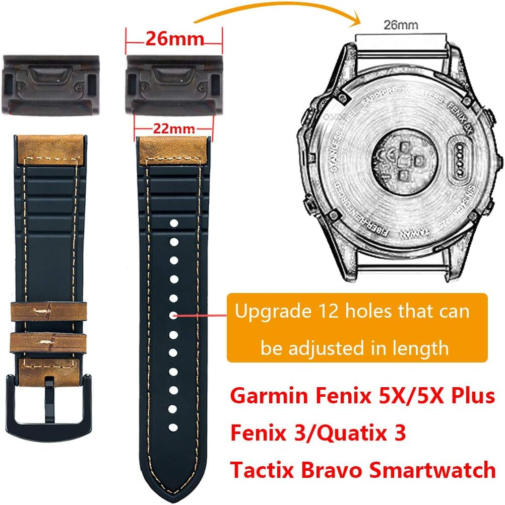 Compatible Garmin Fenix 5X / 5X plus Bands, 26Mm Quick Fit Hybrid Sport Band Vintage Leather Sweatproof Strap Wrist Band for Garmin Fenix 6X/6X Pro Bands/3/3Hr Smartwatch