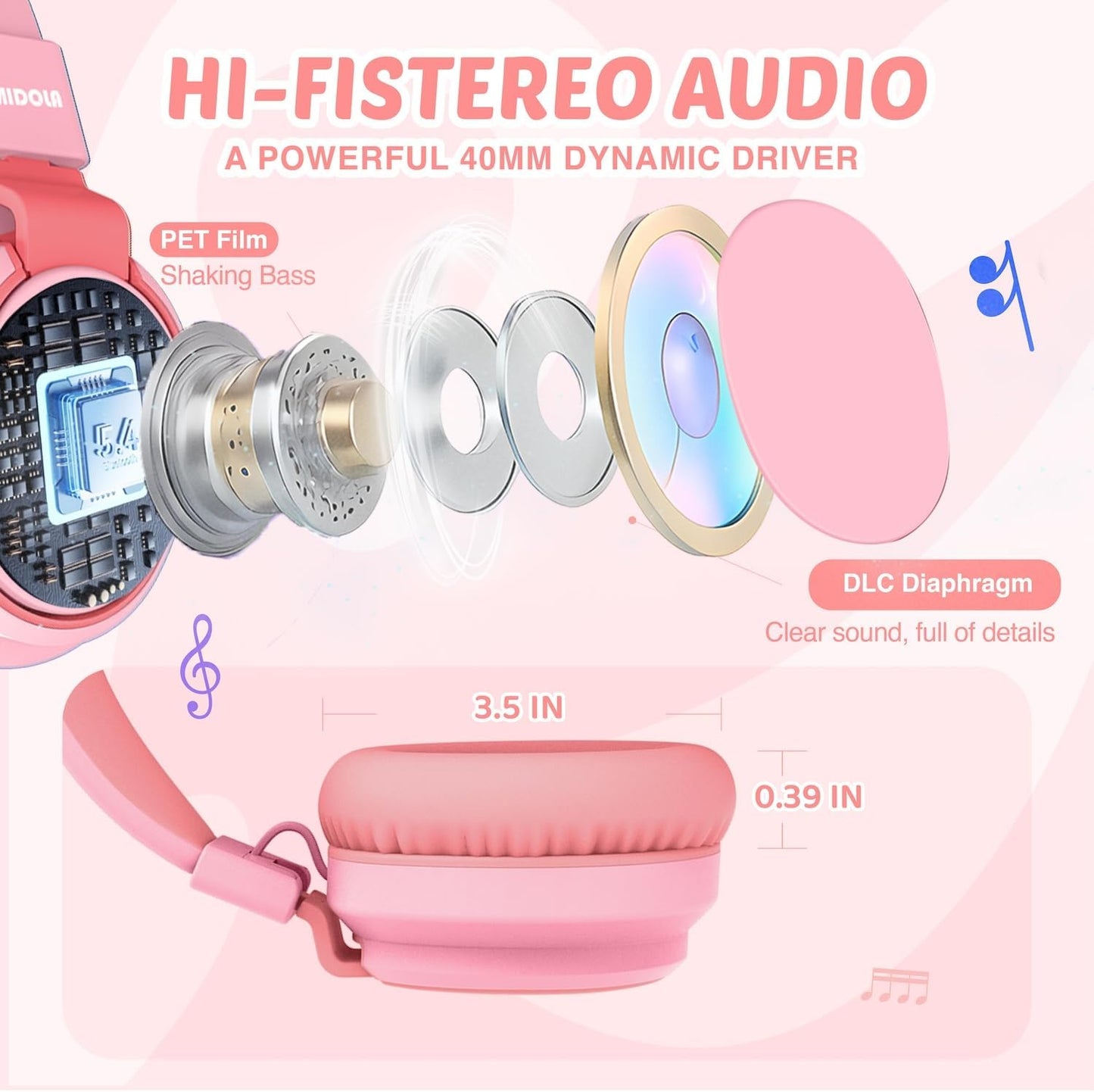 Kids Headphone Wired Volume Limited 85/94Db Over-Ear/On-Ear Foldable Headset with Microphone Hearing Protection Headphones for Toddler Boy Girl Child School Learning Pad Tablet Pink