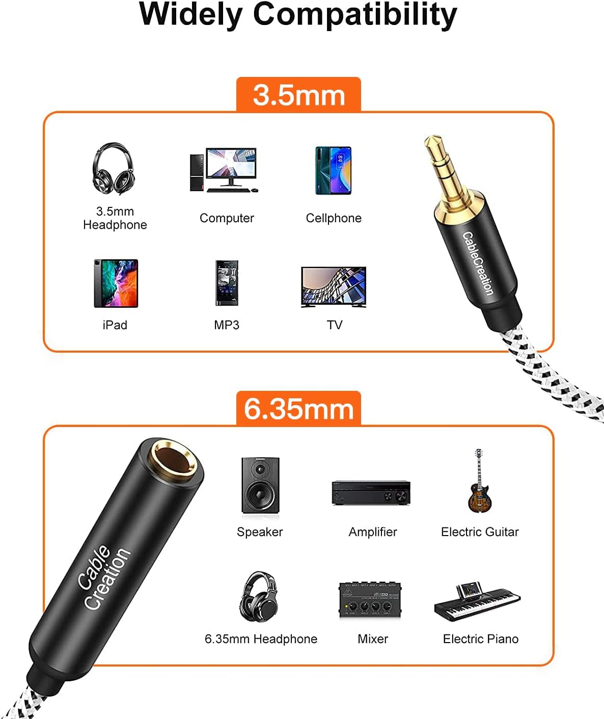 1/4 to 1/8 Headphone Aux Adapter 0.3M, TRS 6.35Mm to 3.5Mm Audio Adapter Cable for Amplifier, Guitar, Headphone, Home Theater Devices, Laptop, Pcs, Phone