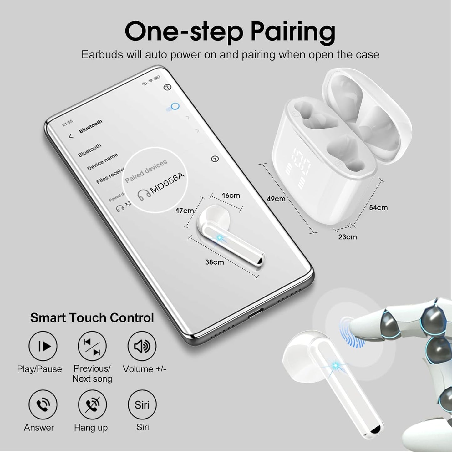 Wireless Earbuds, Bluetooth 5.3 Headphones with 4-Mics ENC Clear Call, Bluetooth Earbuds Touch Control 25Hour Stereo Sound with LED Power Display, Waterproof Earphones Sprot for Workout White