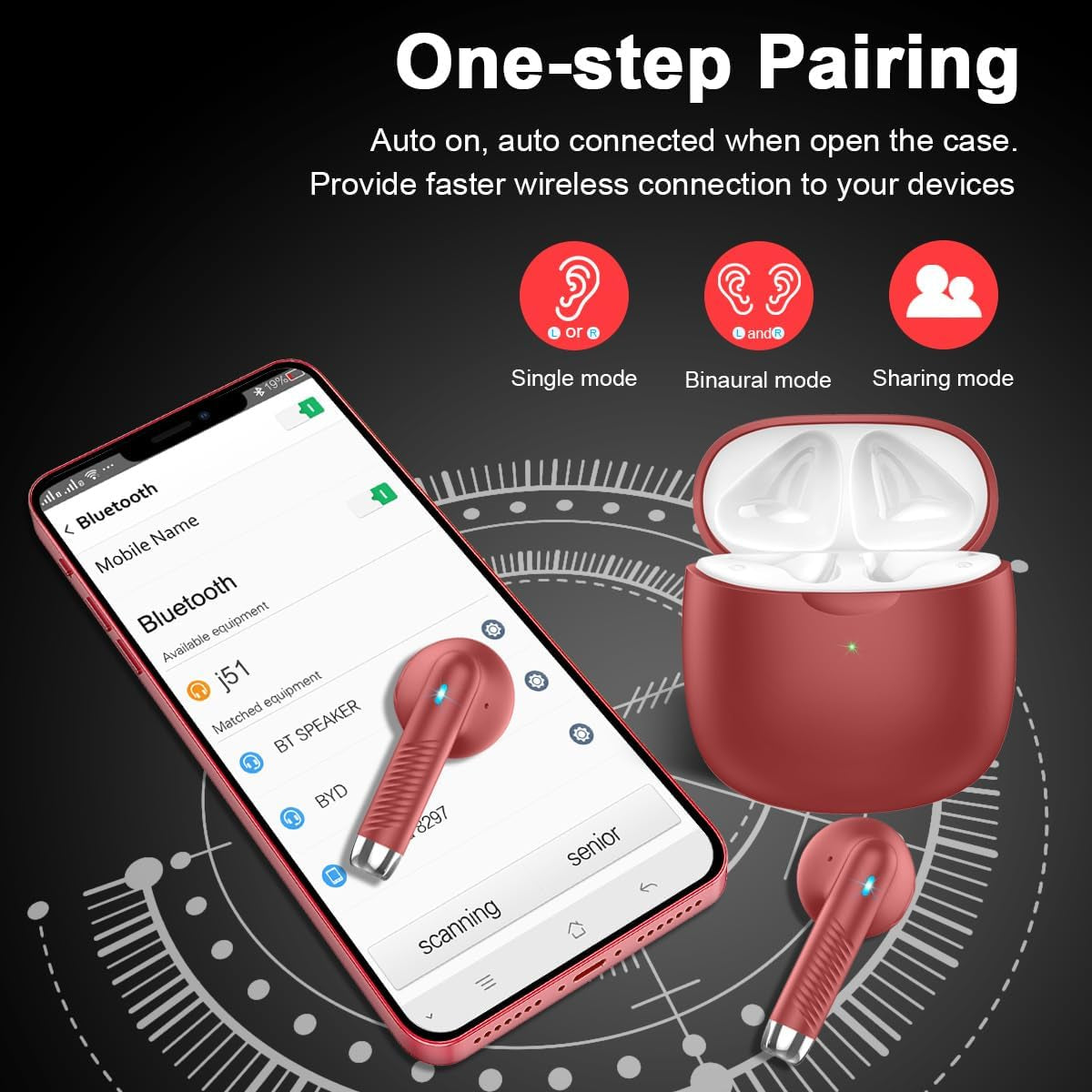 Wireless Earbuds, Bluetooth 5.3 Headphones in Ear with Noise Cancelling Mic, Bluetooth Earbuds Stereo Bass, IP7 Waterproof Sports Earphones, 32H Playtime USB C Charging Ear Buds Red for Android Ios