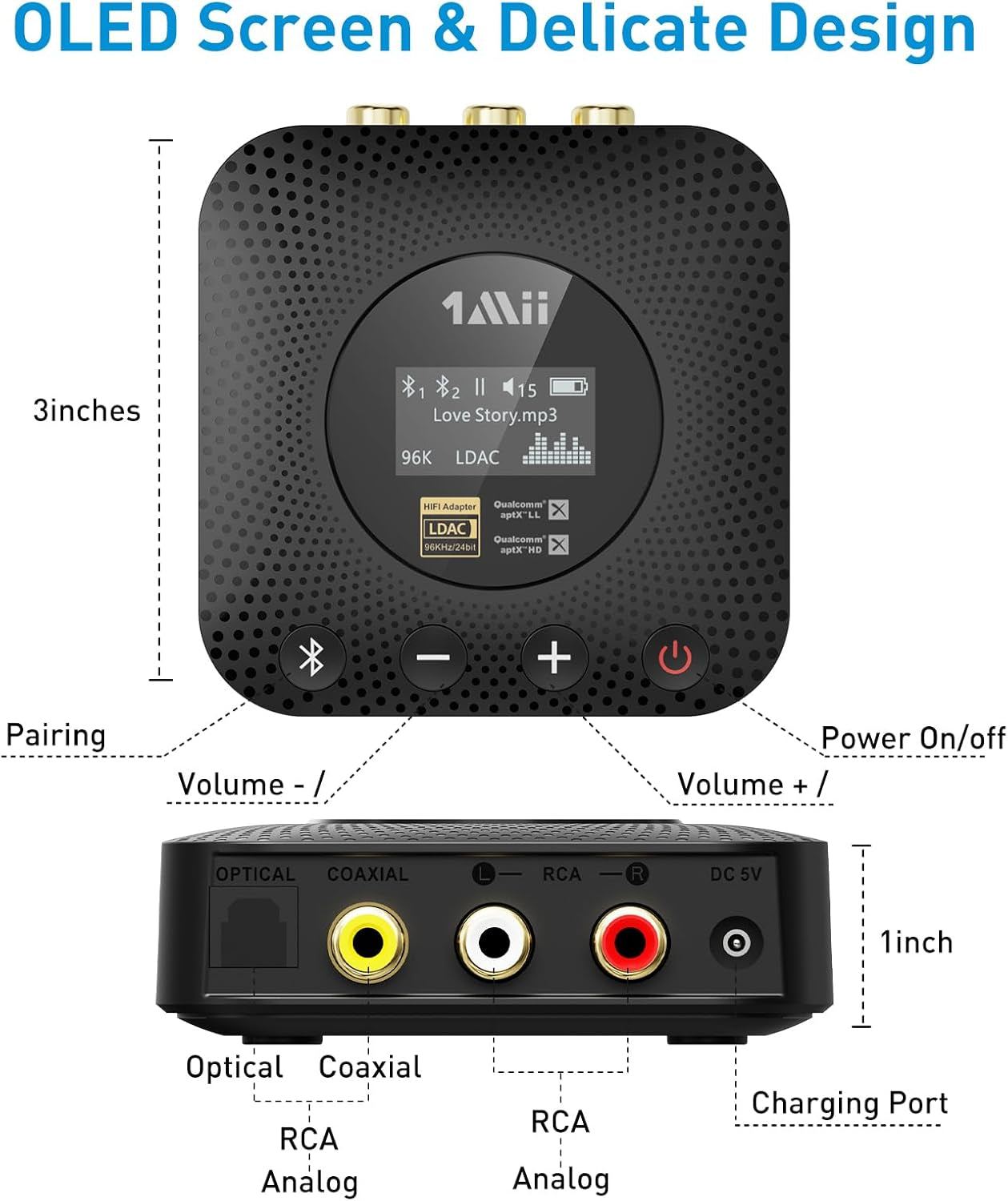 B06HD+ Hi-Res Bluetooth 5.1 Music Receiver for Home Stereo W/Ldac, Hi-Fi Bluetooth Adapter W/Audiophile DAC Aptx HD Volume Control OLED Display, Wireless Audio Adapter for AV Receiver/Amplifier
