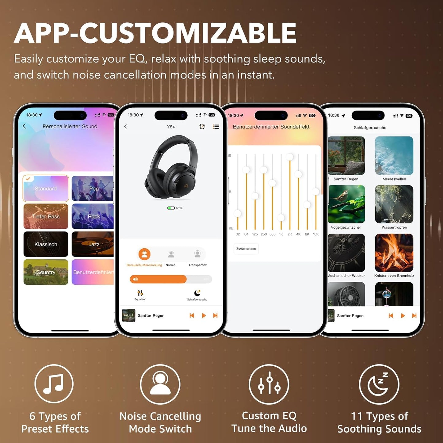 Y8+ Noise Cancelling Headphones Bluetooth, Wireless LDAC Hi-Res Audio, Custom EQ via App, 75H Playtime, Comfort Fit, over Ear Headphones Foldable for Airplane Travel Home Office Beige Green