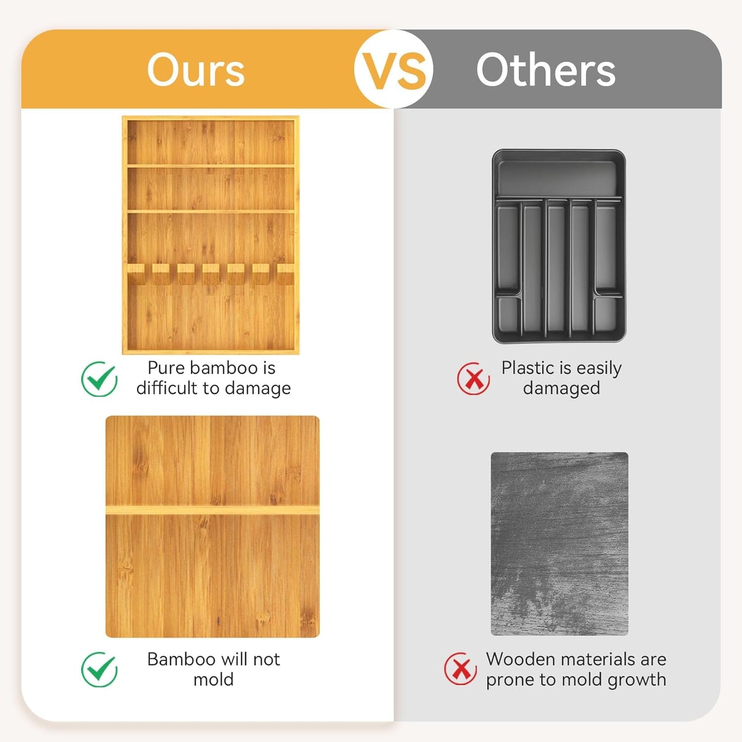 Pure Bamboo Silverware Drawer Organizer: 16.53" Lx10 Wx1.93 H Large Silverware Utensil Tray Holder, 3-Compartment with 6 Card Slots Kitchen Flatware Organizer for Spoons Forks Knives