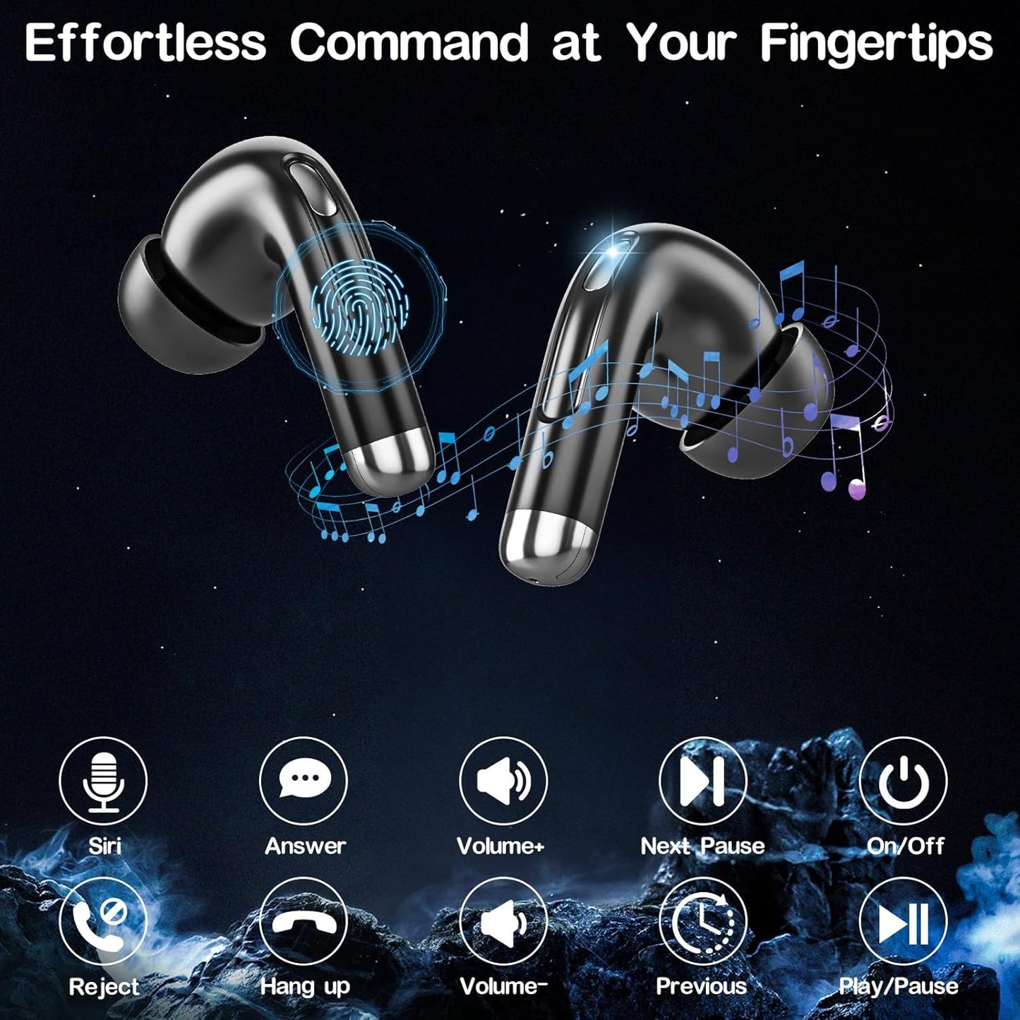 Wireless Earbuds Bluetooth Headphones, Bluetooth 5.4 Stereo Sound with LED Display, Active Noise Cancellation, IP7 Water Resistant In-Ear Earphones for Sporting, Workout, Running Black