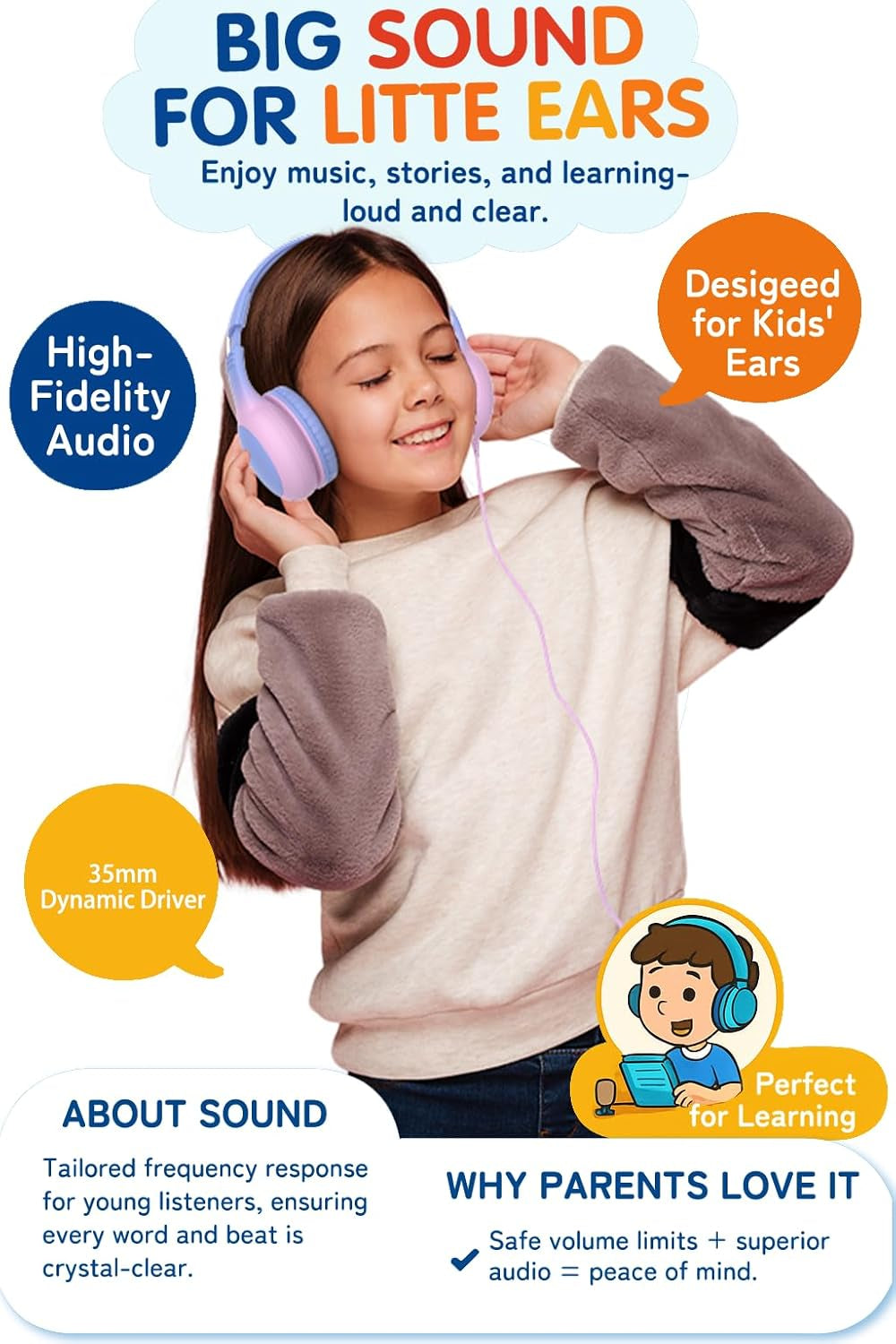 Wired Kids Headphones with USB C Plug, 85Db Volume Limiting Safe Hearing Protection, Adjustable Headband, Tangle-Free Cord Headphones for School, Tablet, Travel(Gradient Purple)
