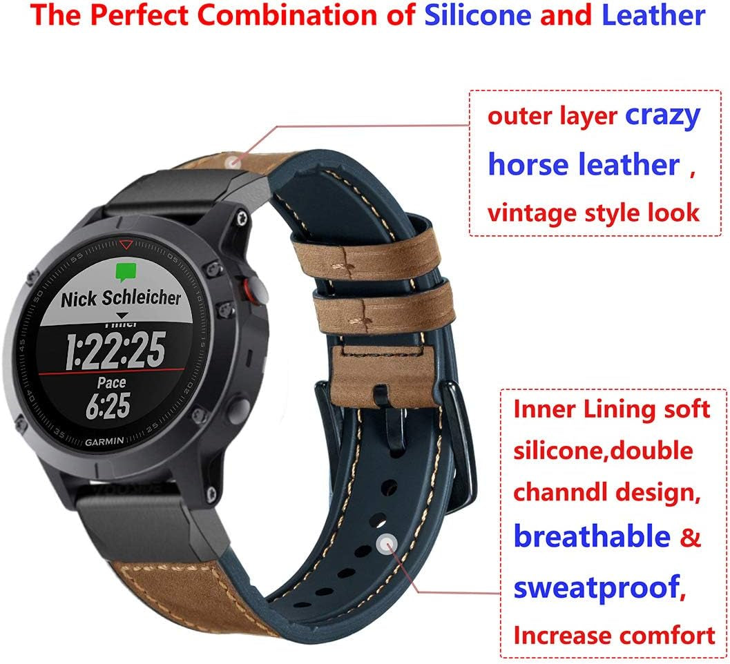 Compatible Garmin Fenix 5X / 5X plus Bands, 26Mm Quick Fit Hybrid Sport Band Vintage Leather Sweatproof Strap Wrist Band for Garmin Fenix 6X/6X Pro Bands/3/3Hr Smartwatch