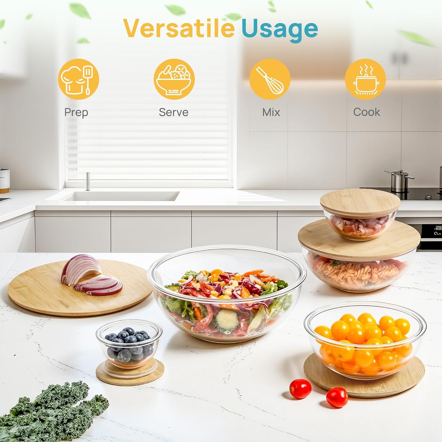 5 Pack Glass Mixing Bowls with Bamboo Lids Set (3.75/2.1/1.1/0.5/0.2 QT), Salad Bowl Set, Nesting Kitchen Bowls for Serving, Prepping, Cooking and Baking, Dishwasher & Microwavable Safe