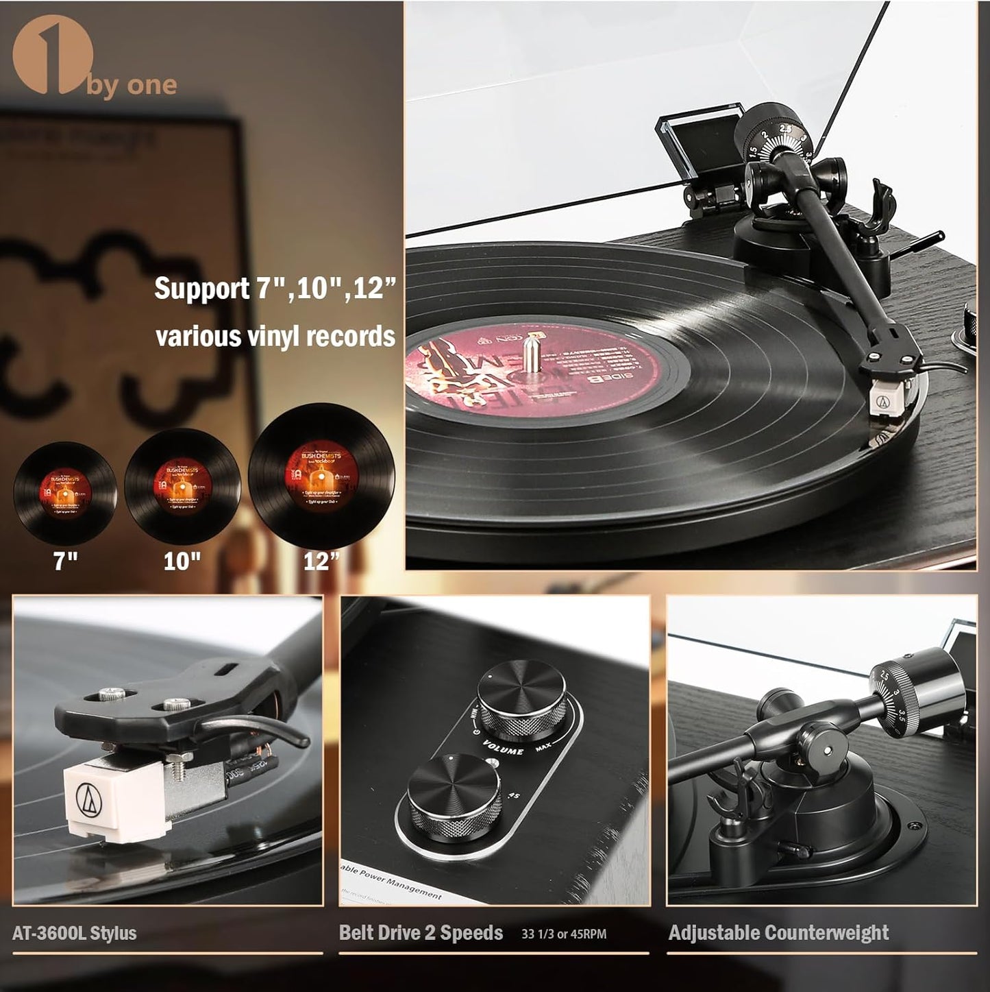 High Fidelity All-In-One Record Player, Vinyl Turntable with Built-In Speakers, Magnetic AT-3600L Cartridge, RCA Line Out, Belt-Drive Stereo Turntable