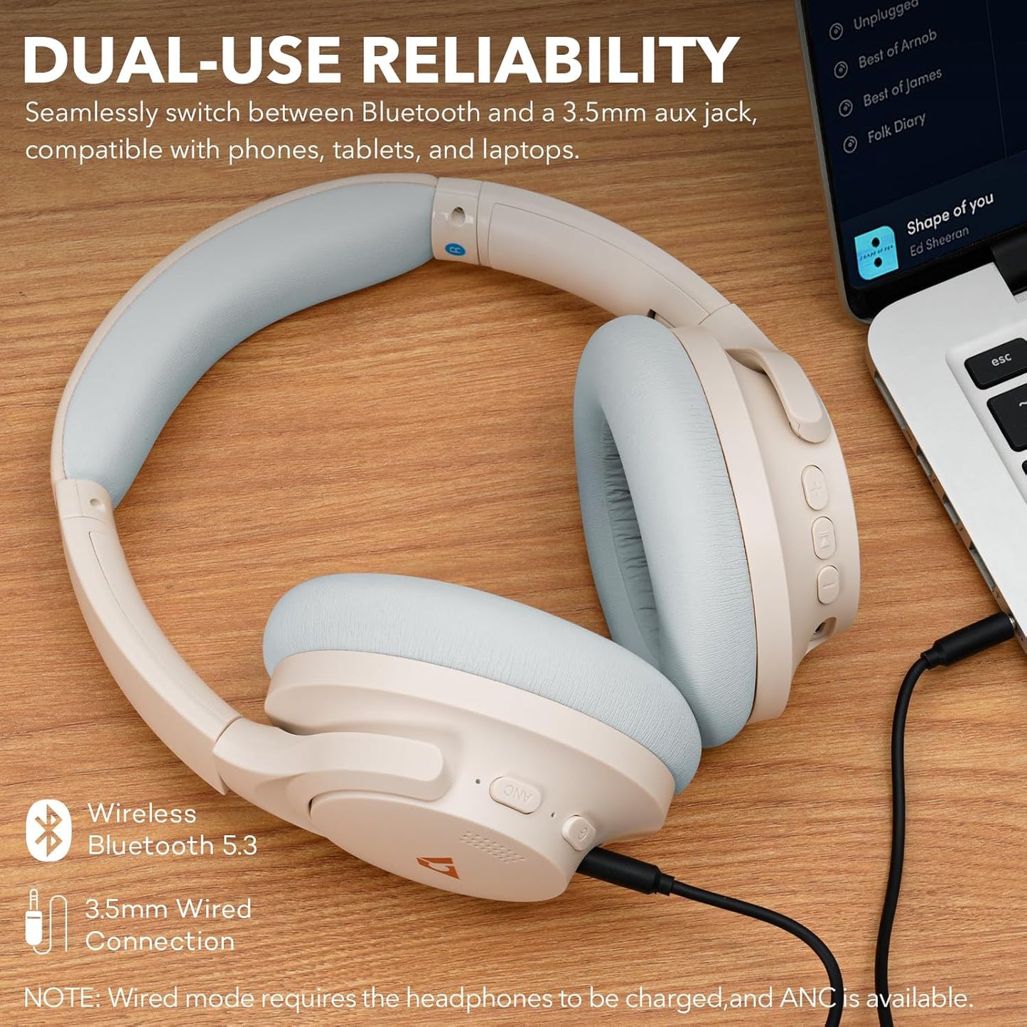 Y8+ Noise Cancelling Headphones Bluetooth, Wireless LDAC Hi-Res Audio, Custom EQ via App, 75H Playtime, Comfort Fit, over Ear Headphones Foldable for Airplane Travel Home Office Beige Cyan