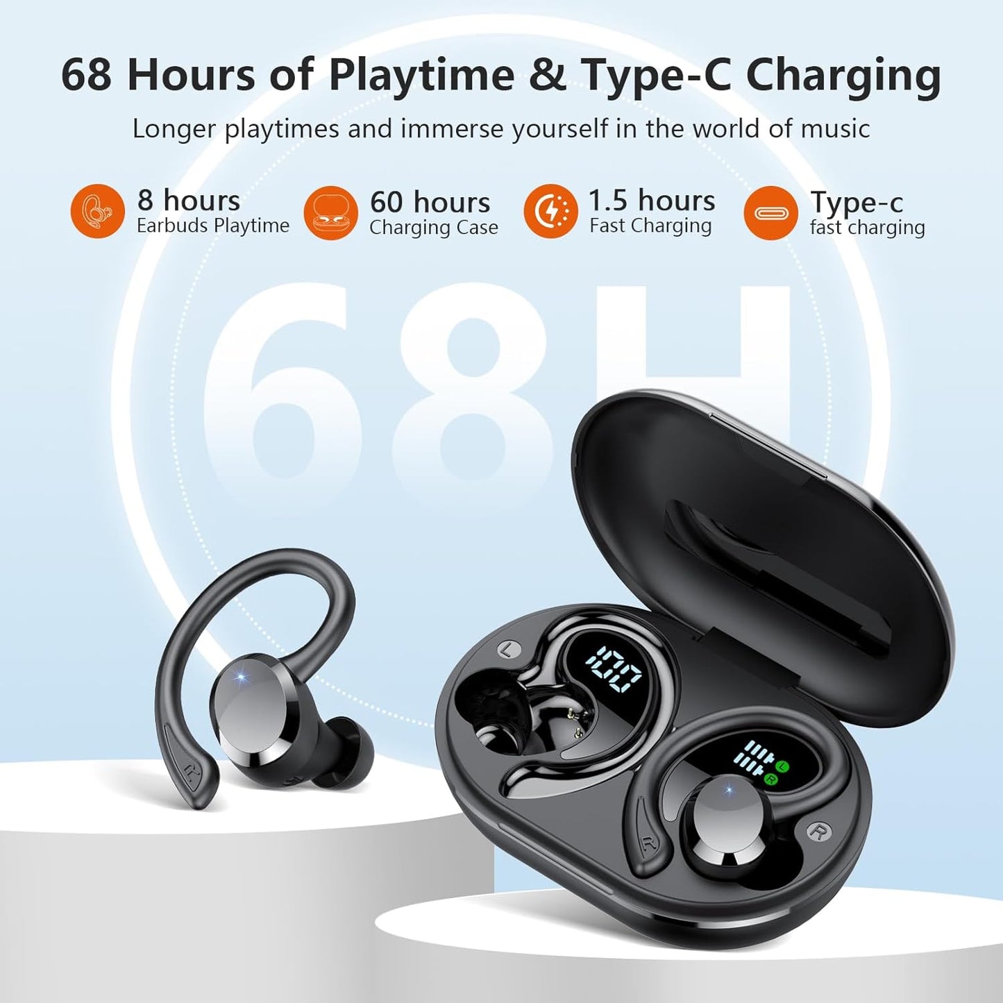 Wireless Earbuds, 2025 New Bluetooth 5.4 Headphones Sport Earphones with 68Hrs Playtime LED Display ENC Noise Cancelling Mic, IPX7 Waterproof over Ear Ear Buds with Hook for Sports/Running