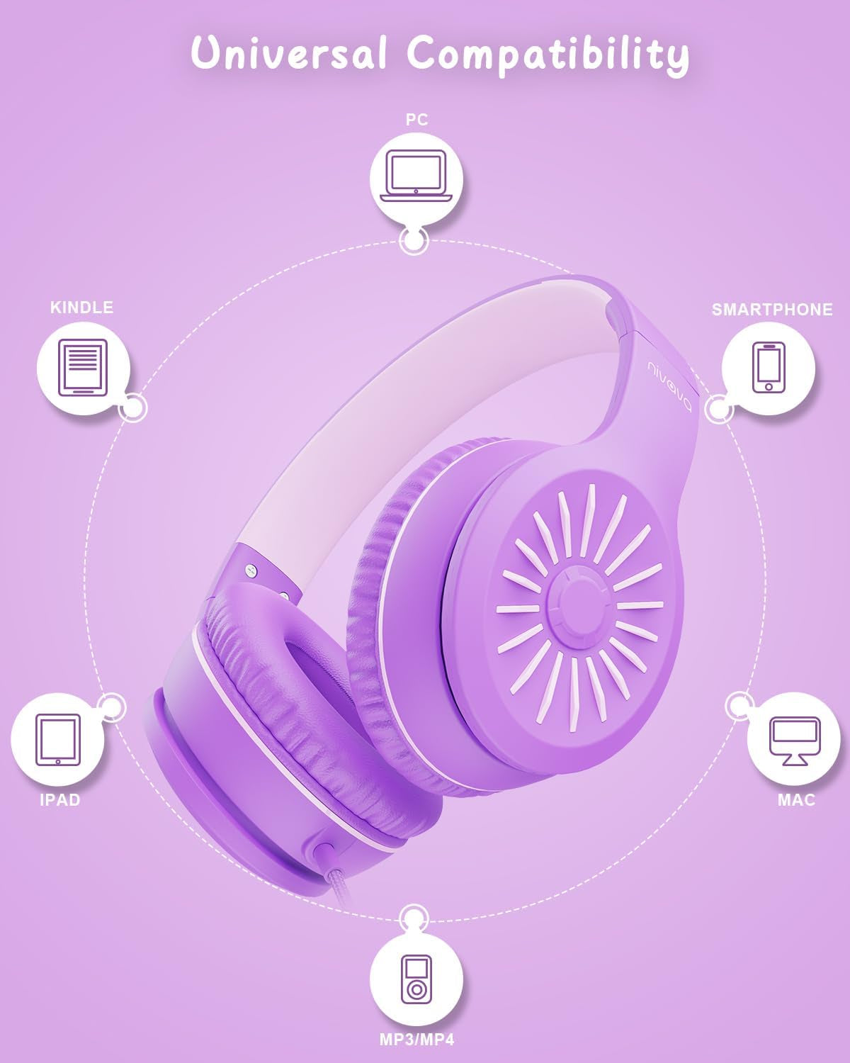 Wired Headphones with Microphone, K16 On-Ear Headphones for Kids with 3.5MM Jack, Foldable Stereo Bass Headphones for Teens School Amazon Kindle, Fire, Chromebook, Tablet(Purple Pink)