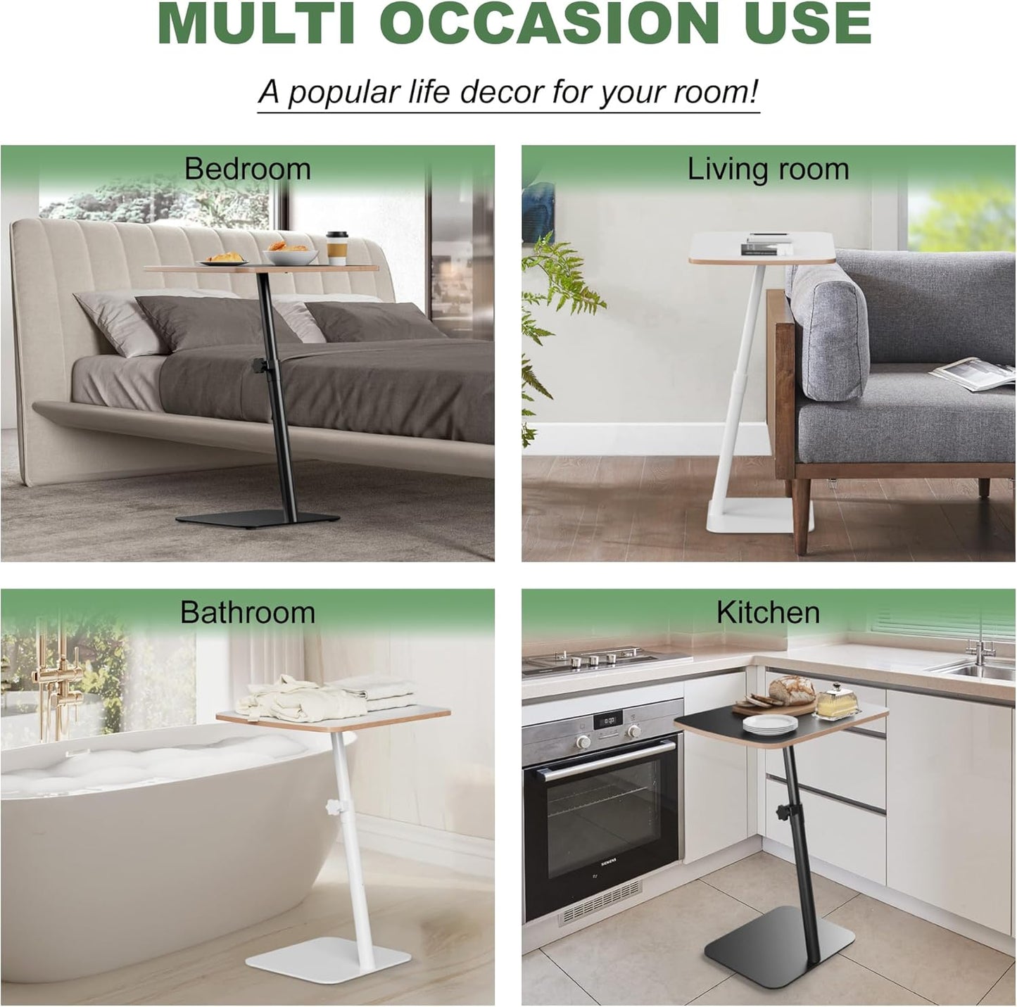 Height Adjustable End Table - Small Couch Side Table for Small Spaces Modern C Shaped Bedside End Table That Slide Under, White Wood Laptop TV Tray Table with Metal Base, Living Room Bathroom Home Use